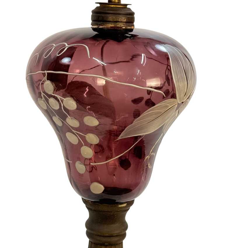 Vintage Amethyst Glass Lamp Hand Painted Grapes Lamp; Vines Brass White Glass Base 23”