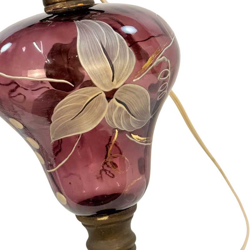 Vintage Amethyst Glass Lamp Hand Painted Grapes Lamp; Vines Brass White Glass Base 23”