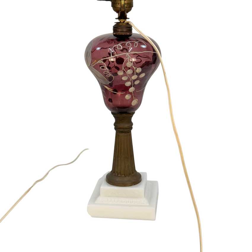 Vintage Amethyst Glass Lamp Hand Painted Grapes Lamp; Vines Brass White Glass Base 23”