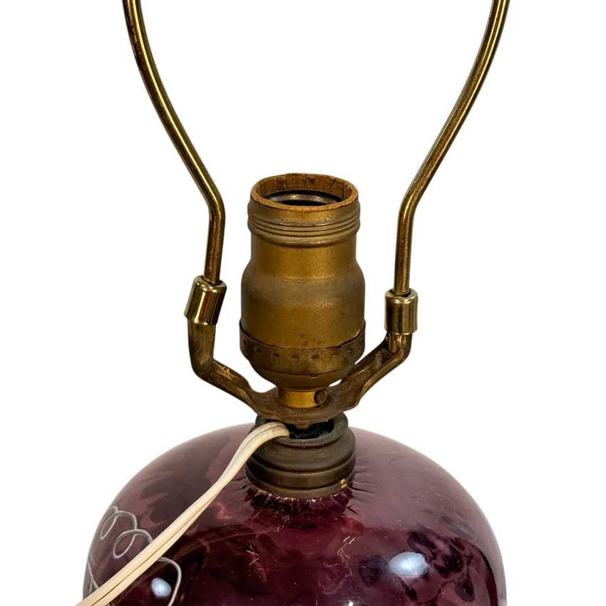 Vintage Amethyst Glass Lamp Hand Painted Grapes Lamp; Vines Brass White Glass Base 23”