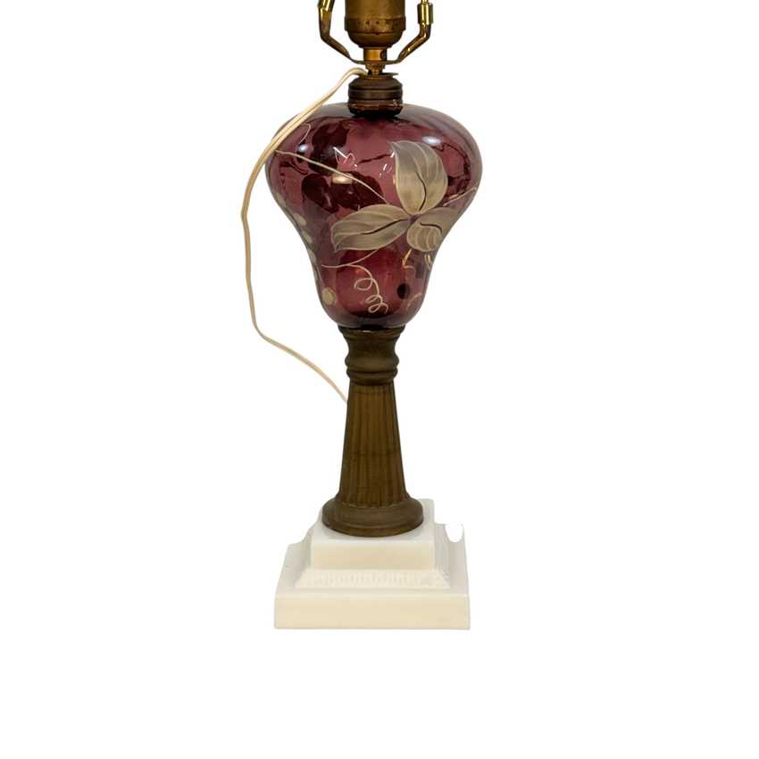 Vintage Amethyst Glass Lamp Hand Painted Grapes Lamp; Vines Brass White Glass Base 23”