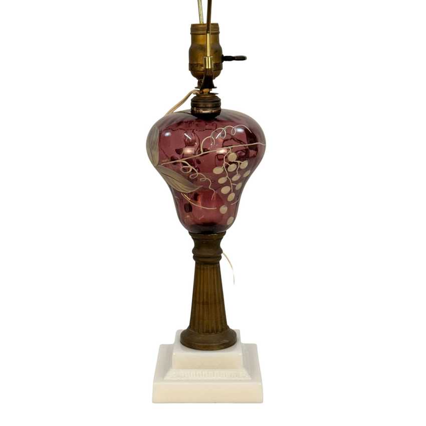 Vintage Amethyst Glass Lamp Hand Painted Grapes Lamp; Vines Brass White Glass Base 23”