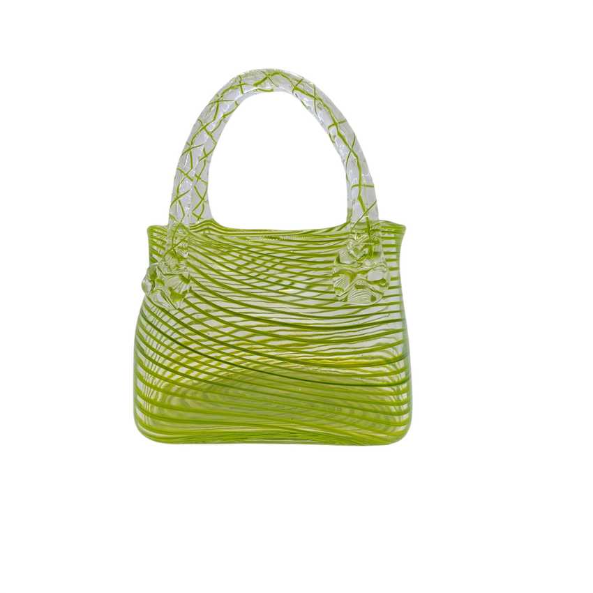 Vintage Green Hand Blown Art Glass Purse Vase, Lime Green Swirl Glass Handbag, Decorative Glass Basket, Murano Style