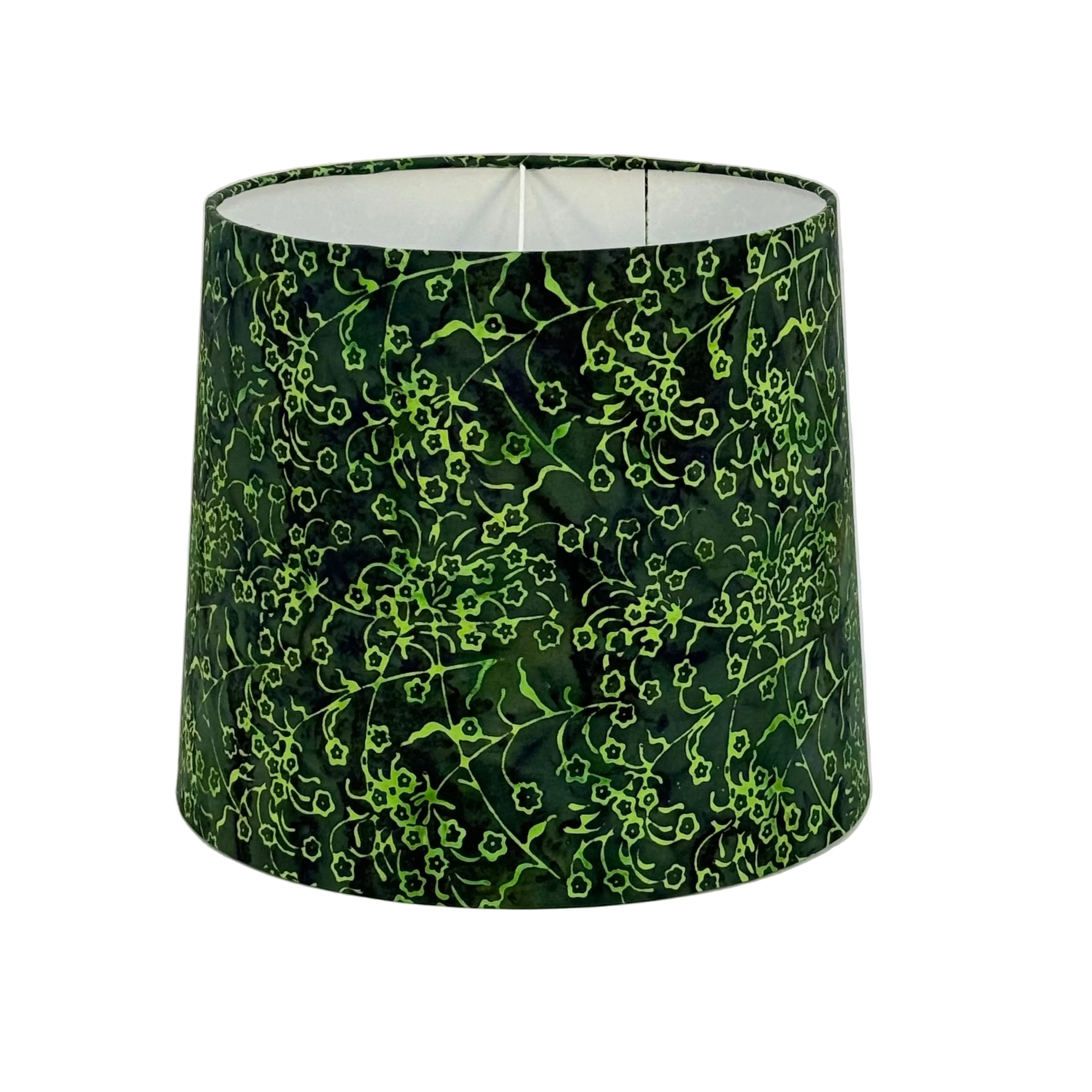 Green floral patterned empire lampshade on a white background