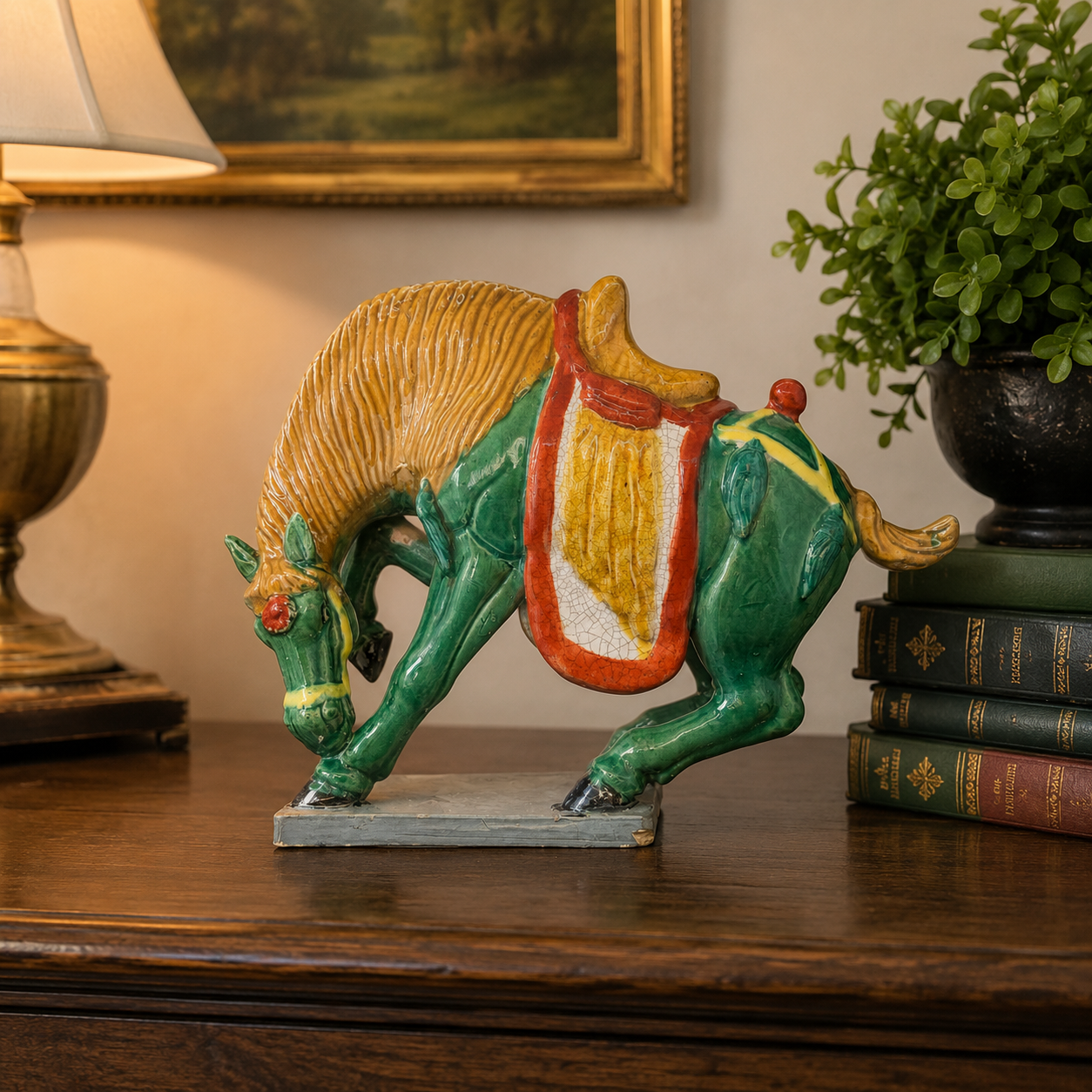 Vintage Ceramic War Horse Figurine | Colorful Mid Century Horse Statue | Hand Painted Pottery Horse | Equestrian Decor | Large Ceramic Horse
