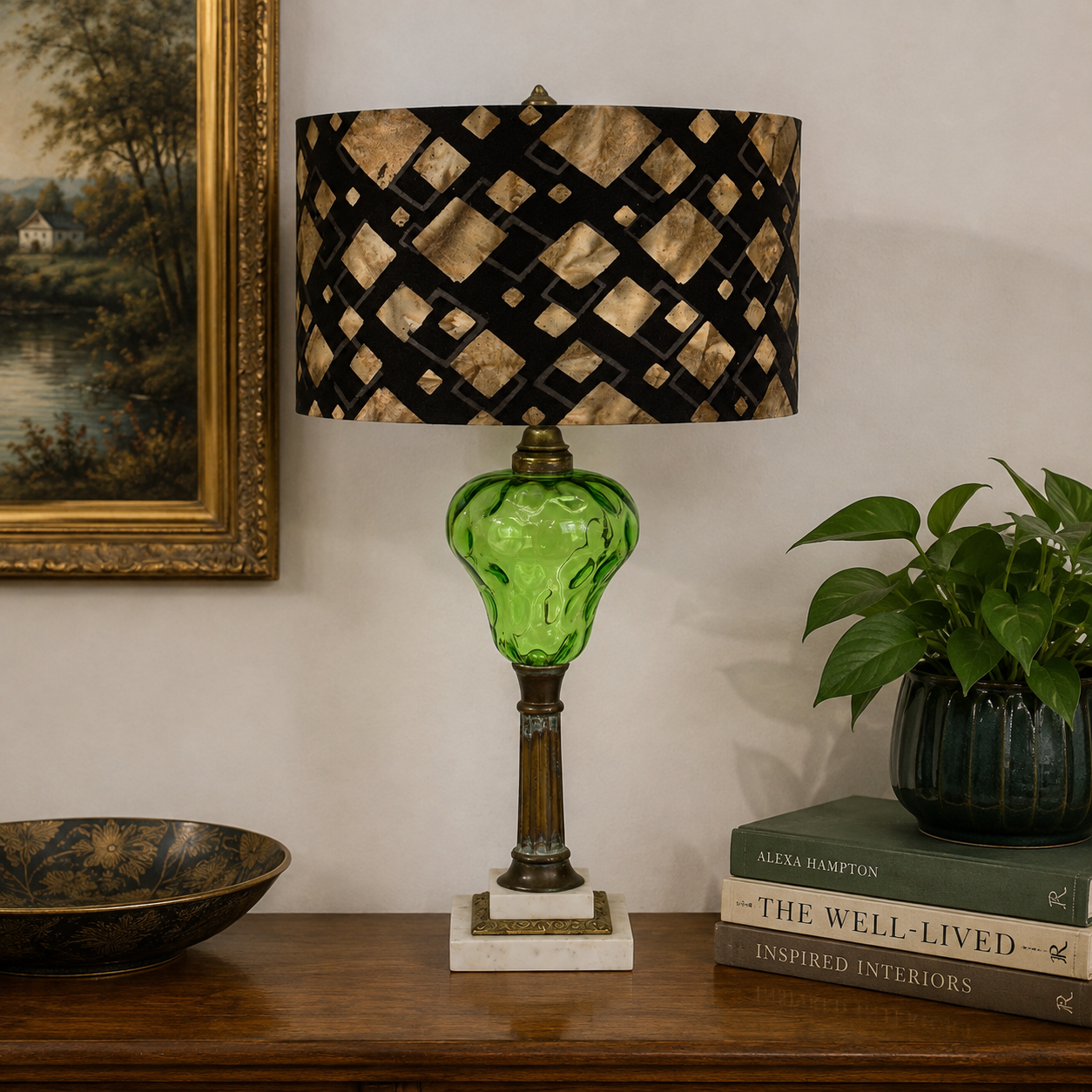 Antique Electrified Oil Lamp – Emerald Green Thumbprint Glass, Brass Lamp; Marble Base – 24” Table Lamp