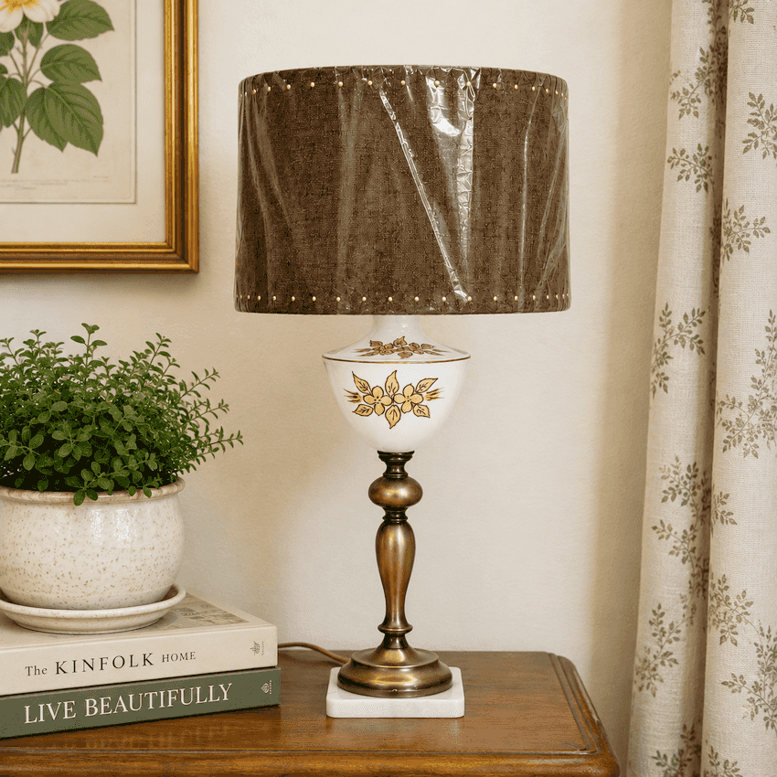 Vintage Hand Painted Floral Glass Lamp Pink Flowers Brass Marble Base 26.5”