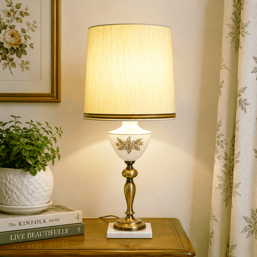 Vintage Hand Painted Floral Glass Lamp Pink Flowers Brass Marble Base 26.5”