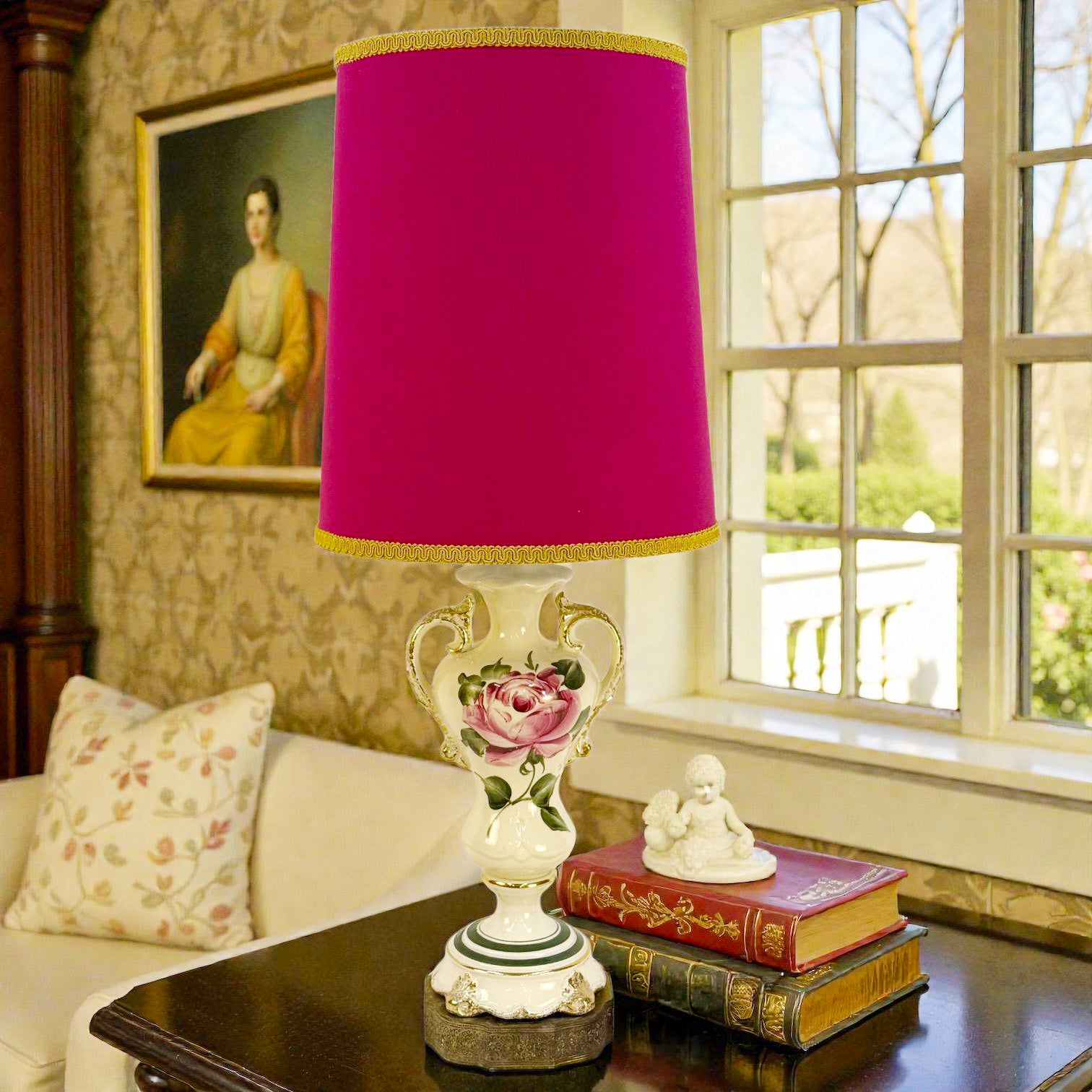 Vintage Hand Painted Rose Urn Table Lamp | Hollywood Regency Ceramic Lamp | Floral Porcelain Accent Lamp | Gold Handle Lamp