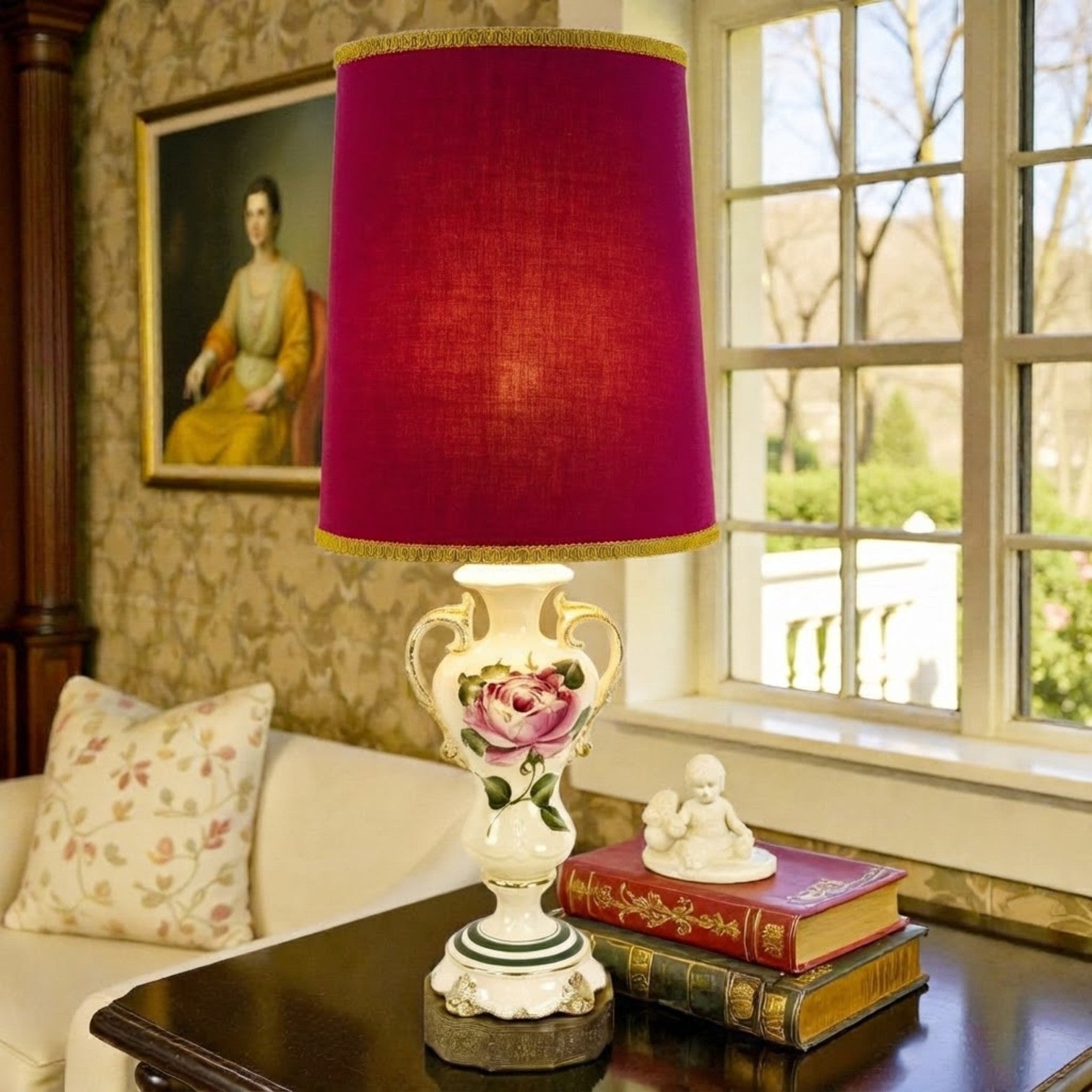 Vintage Hand Painted Rose Urn Table Lamp | Hollywood Regency Ceramic Lamp | Floral Porcelain Accent Lamp | Gold Handle Lamp