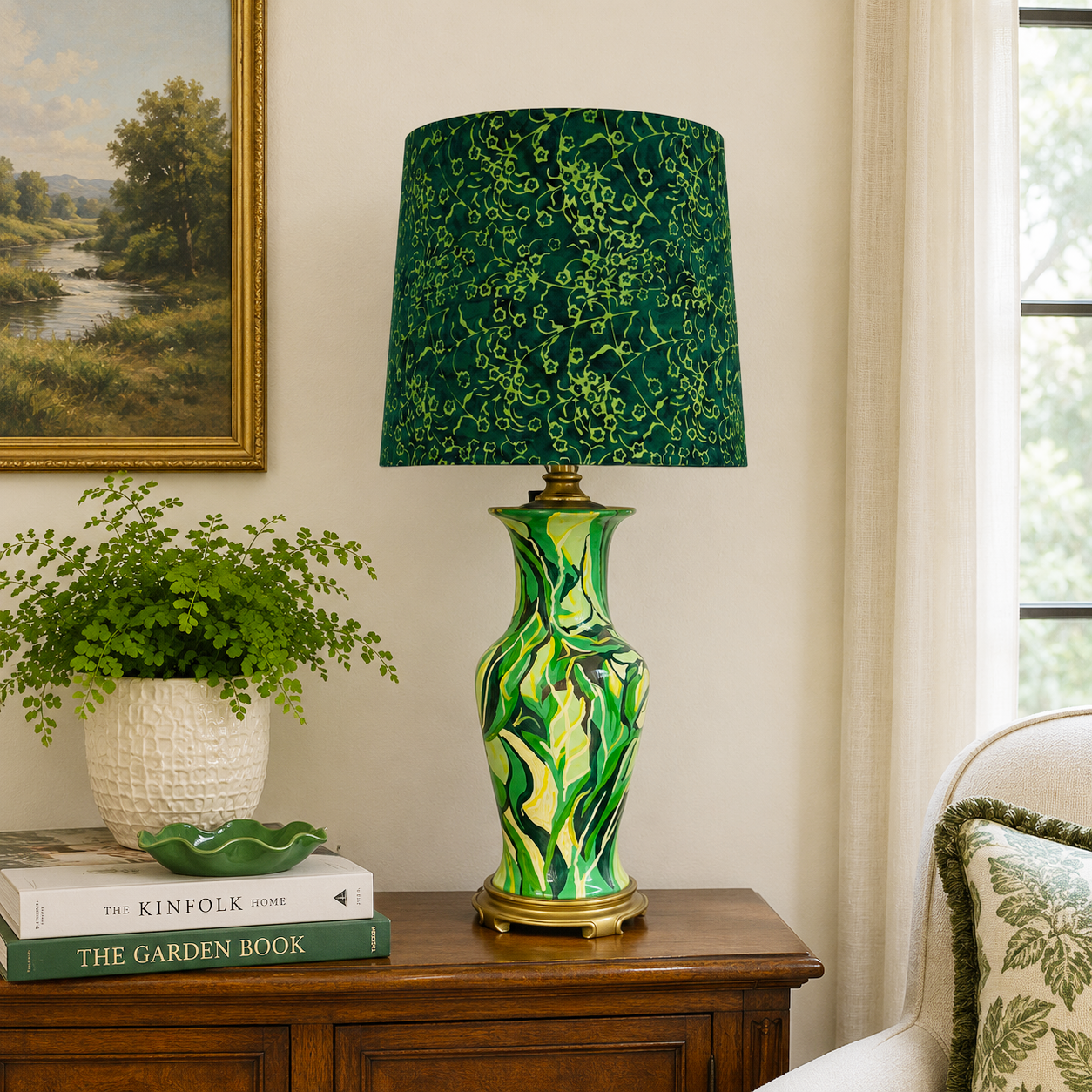 Vintage Hand Painted Table Lamp by Kendy Sawyer | Rebuilt Lamp | Rewired Green Ceramic Lamp | One of a Kind Artist Lighting