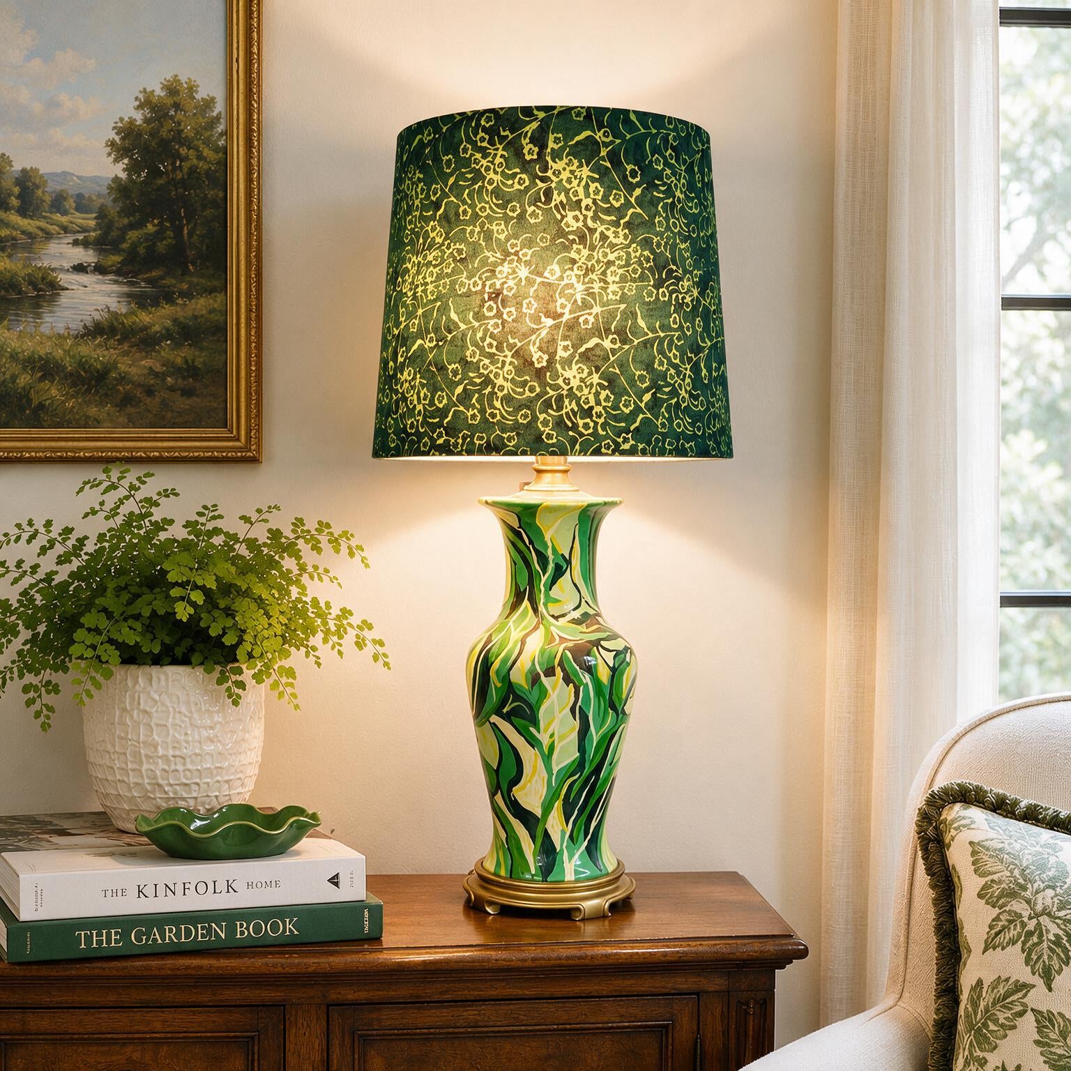 Vintage Hand Painted Table Lamp by Kendy Sawyer | Rebuilt Lamp | Rewired Green Ceramic Lamp | One of a Kind Artist Lighting