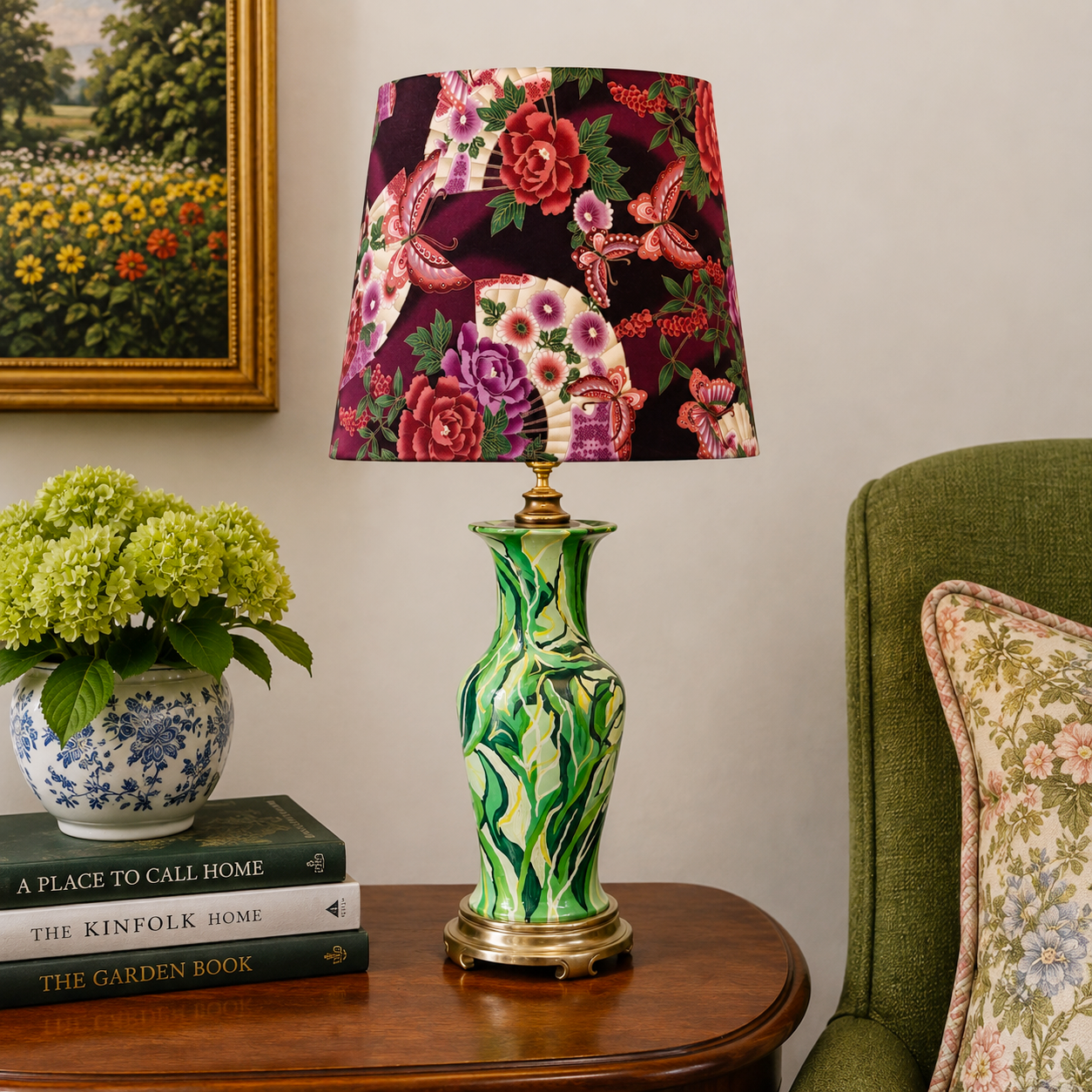 Vintage Hand Painted Table Lamp by Kendy Sawyer | Rebuilt Lamp | Rewired Green Ceramic Lamp | One of a Kind Artist Lighting