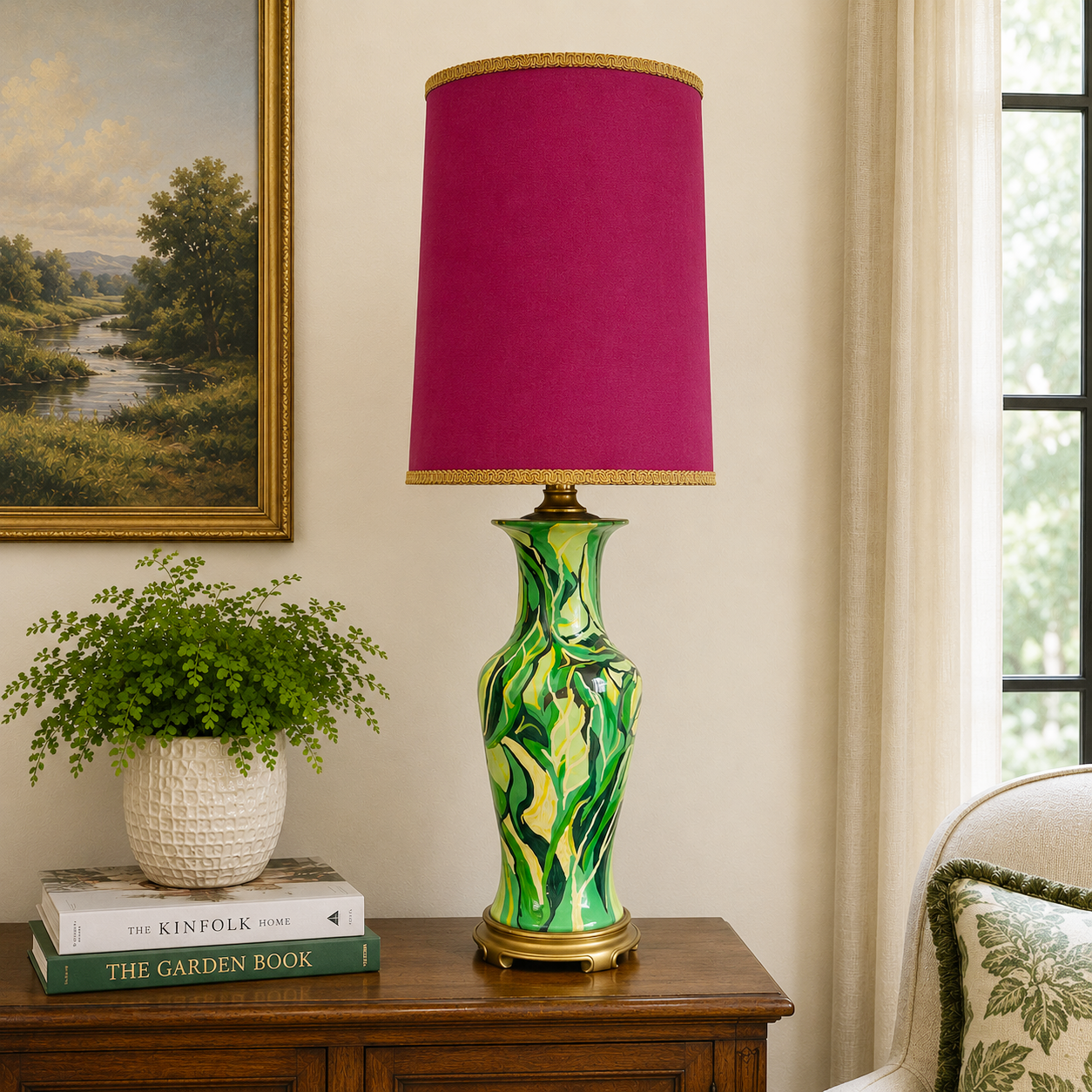 Vintage Hand Painted Table Lamp by Kendy Sawyer | Rebuilt Lamp | Rewired Green Ceramic Lamp | One of a Kind Artist Lighting