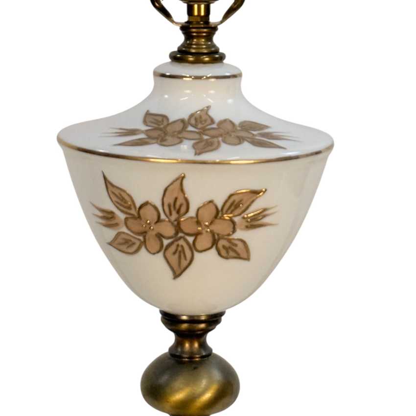 Vintage Hand Painted Floral Glass Lamp Pink Flowers Brass Marble Base 26.5”