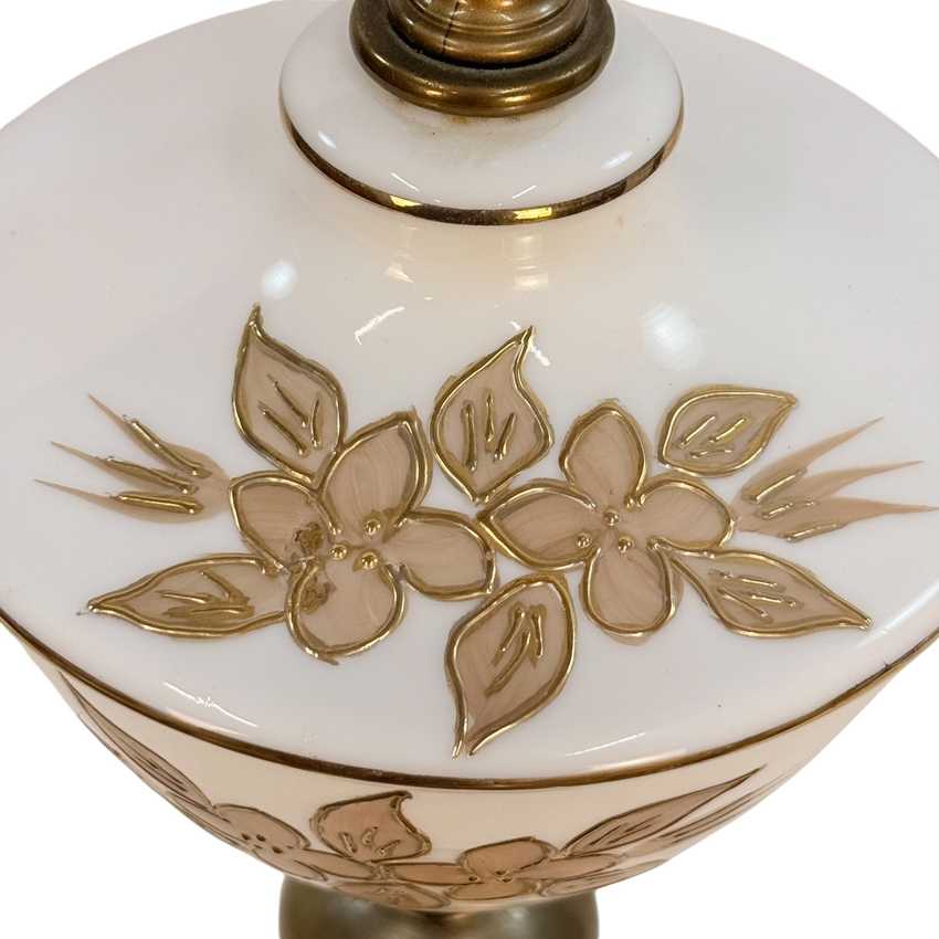 Vintage Hand Painted Floral Glass Lamp Pink Flowers Brass Marble Base 26.5”