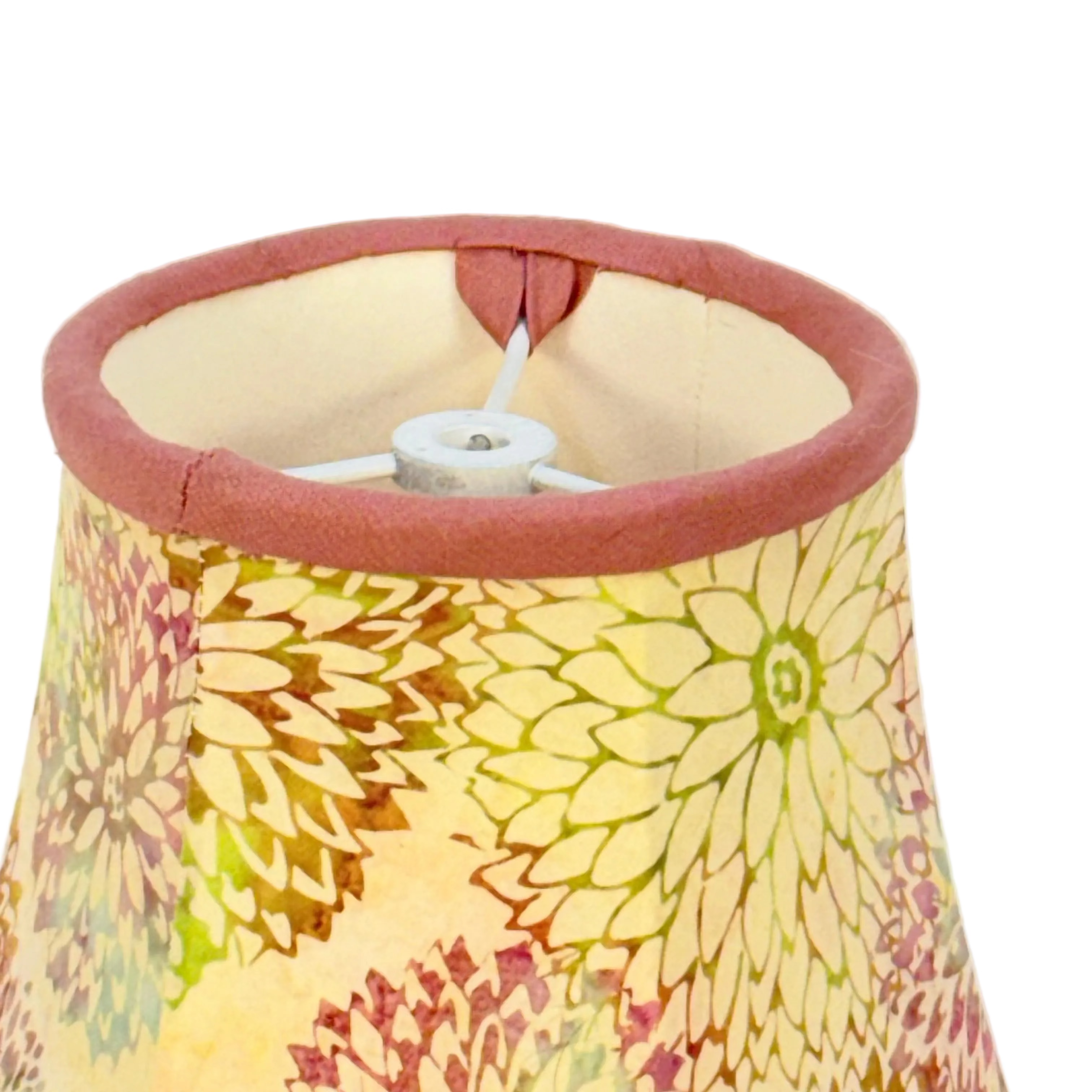 Floral patterned lampshade with a pink rim on a white background