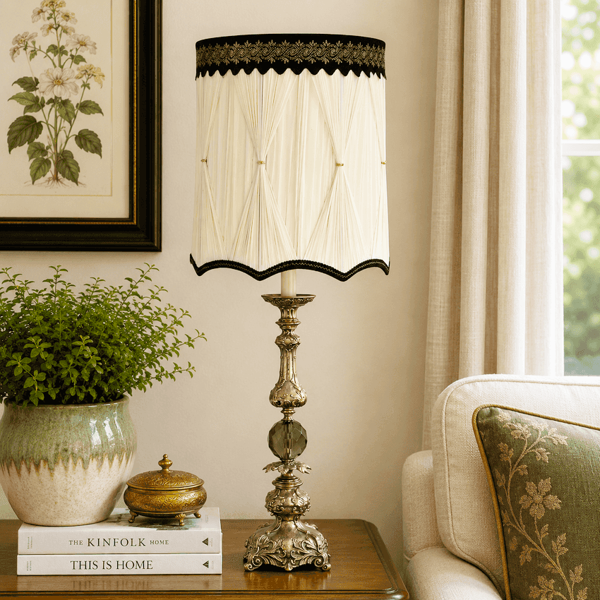 Vintage Hollywood Regency Candlestick Lamp Gray Glass Ornate Metal 36.5” Table Lamp