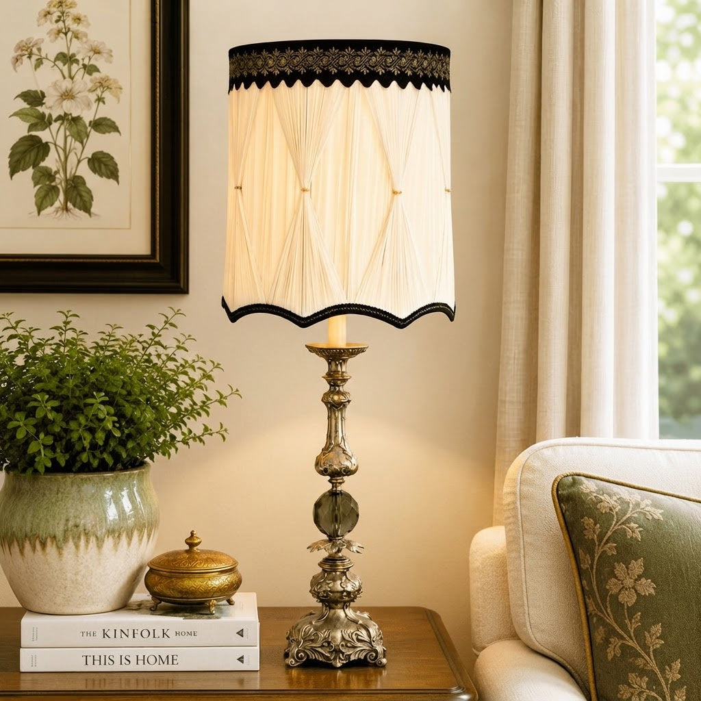 Vintage Hollywood Regency Candlestick Lamp Gray Glass Ornate Metal 36.5” Table Lamp
