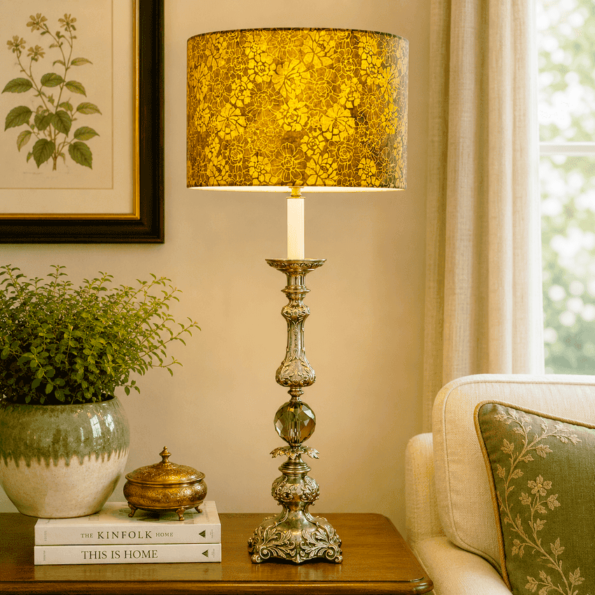Vintage Hollywood Regency Candlestick Lamp Gray Glass Ornate Metal 36.5” Table Lamp