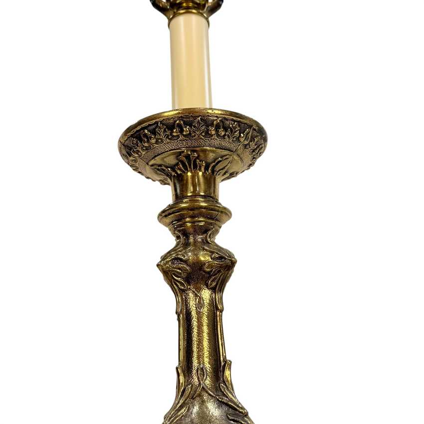 Vintage Hollywood Regency Candlestick Lamp Gray Glass Ornate Metal 36.5” Table Lamp