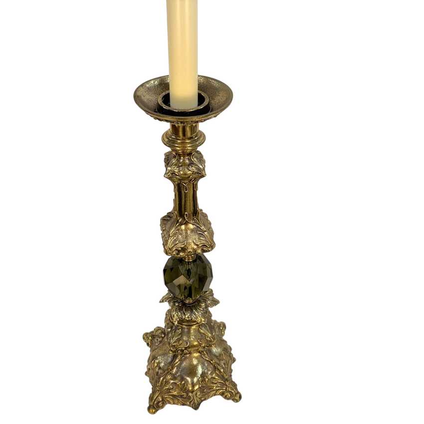 Vintage Hollywood Regency Candlestick Lamp Gray Glass Ornate Metal 36.5” Table Lamp