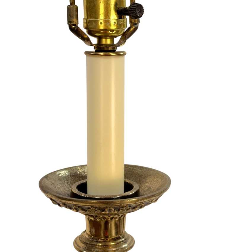 Vintage Hollywood Regency Candlestick Lamp Gray Glass Ornate Metal 36.5” Table Lamp