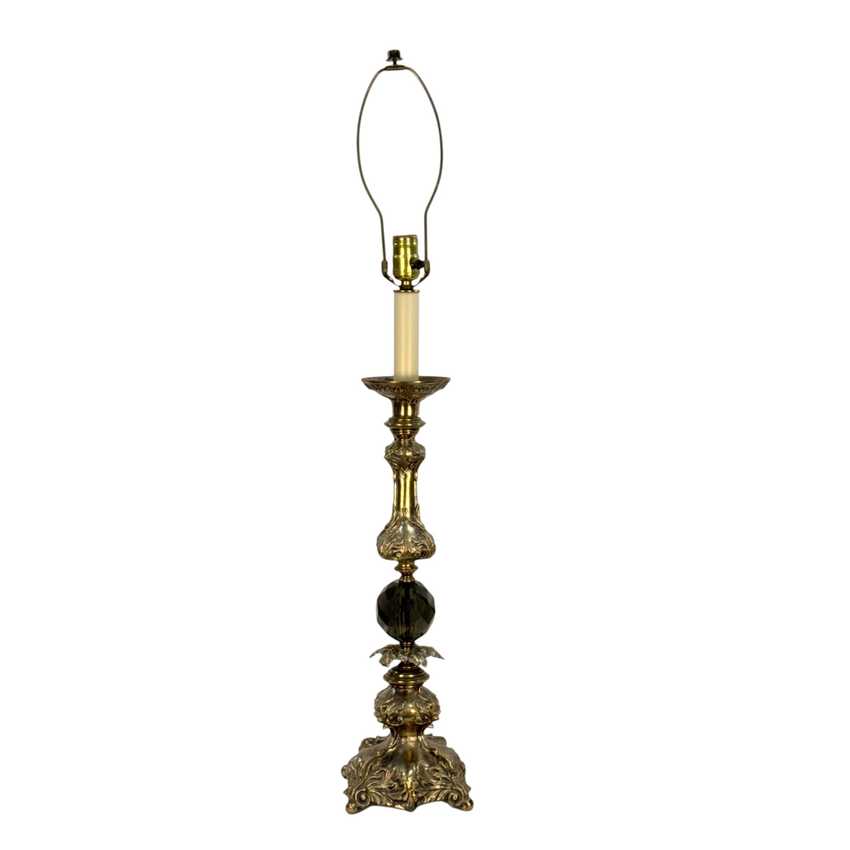 Vintage Hollywood Regency Candlestick Lamp Gray Glass Ornate Metal 36.5” Table Lamp