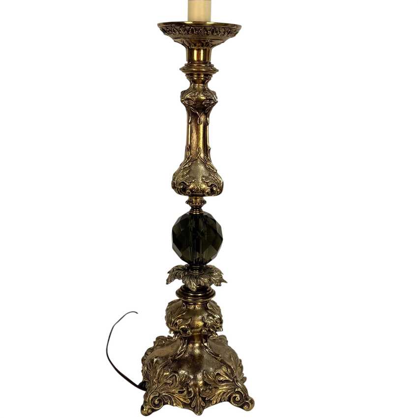 Vintage Hollywood Regency Candlestick Lamp Gray Glass Ornate Metal 36.5” Table Lamp