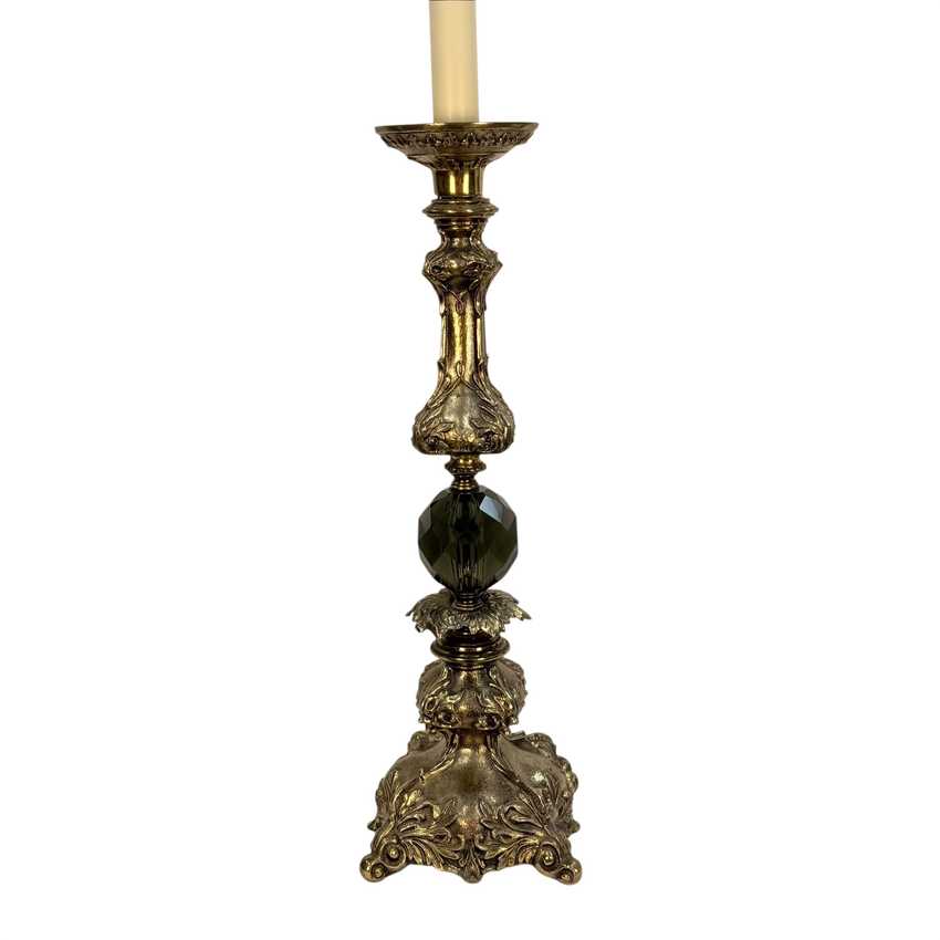 Vintage Hollywood Regency Candlestick Lamp Gray Glass Ornate Metal 36.5” Table Lamp