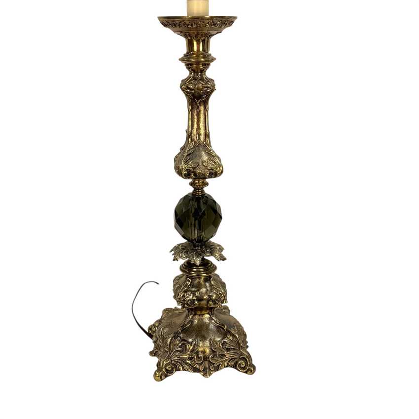 Vintage Hollywood Regency Candlestick Lamp Gray Glass Ornate Metal 36.5” Table Lamp