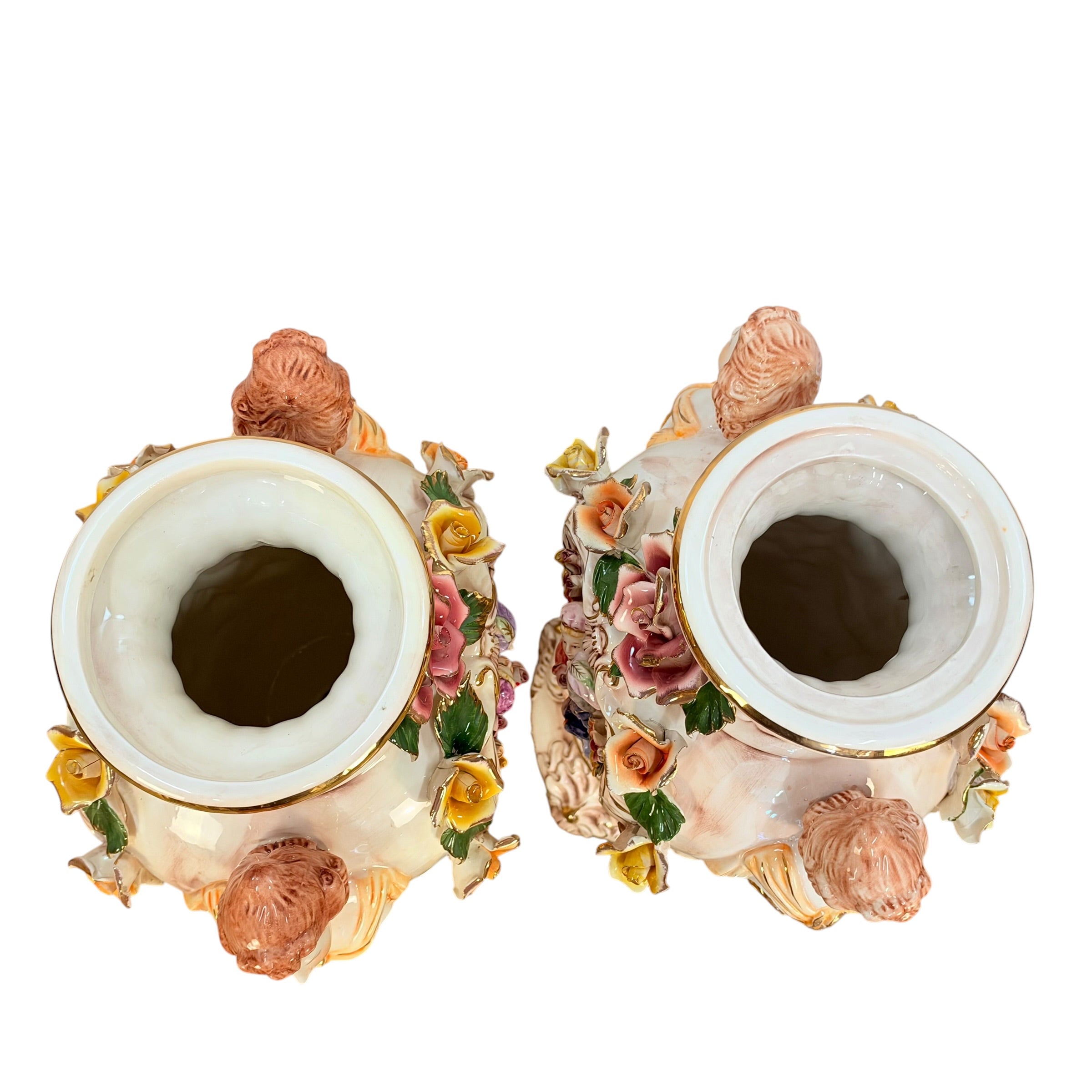 Pair Columbia Fine Porcelain 38” Figural Urns with Lids | Rococo Porcelain Floor Vases | Applied Roses Courting Scene Urns