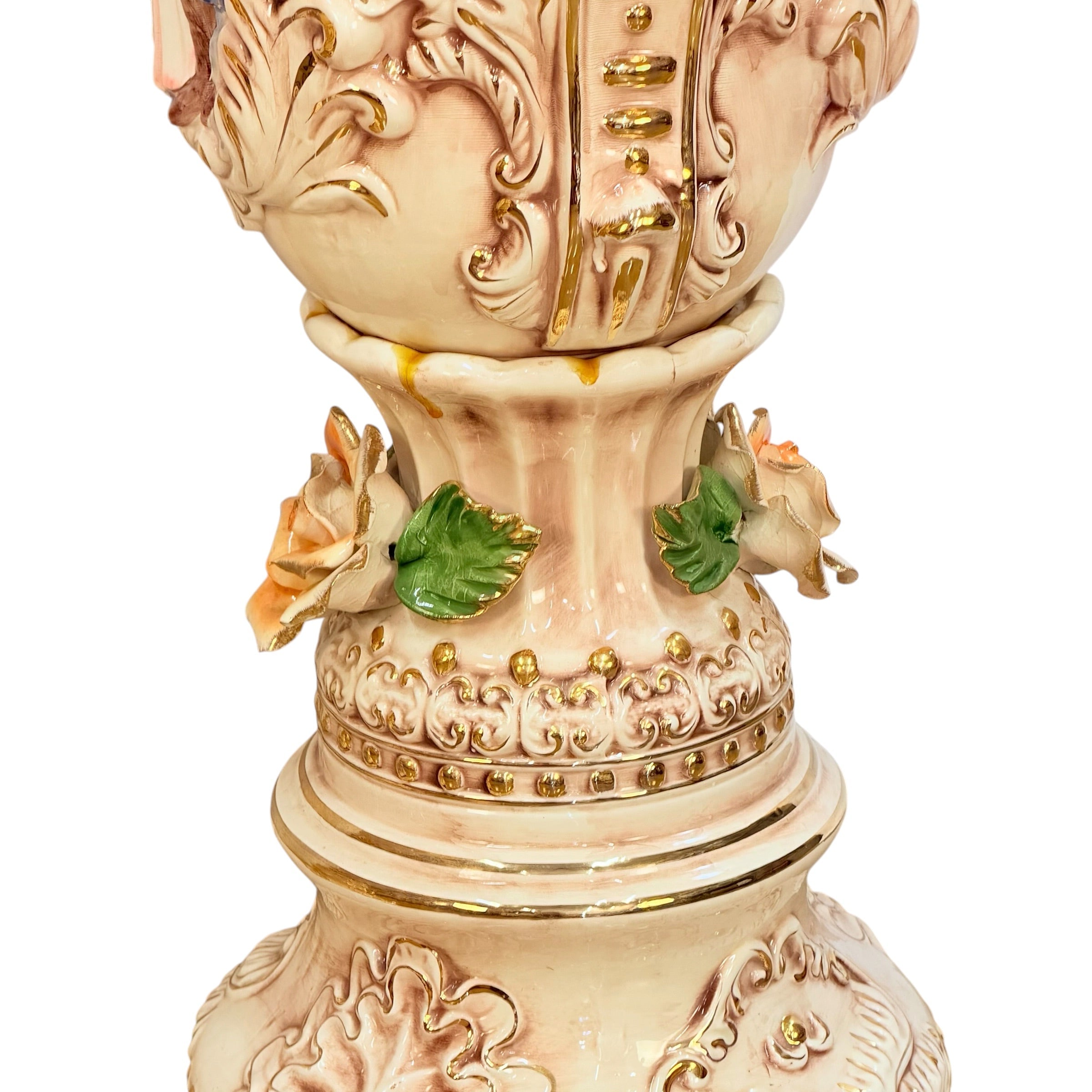 Pair Columbia Fine Porcelain 38” Figural Urns with Lids | Rococo Porcelain Floor Vases | Applied Roses Courting Scene Urns