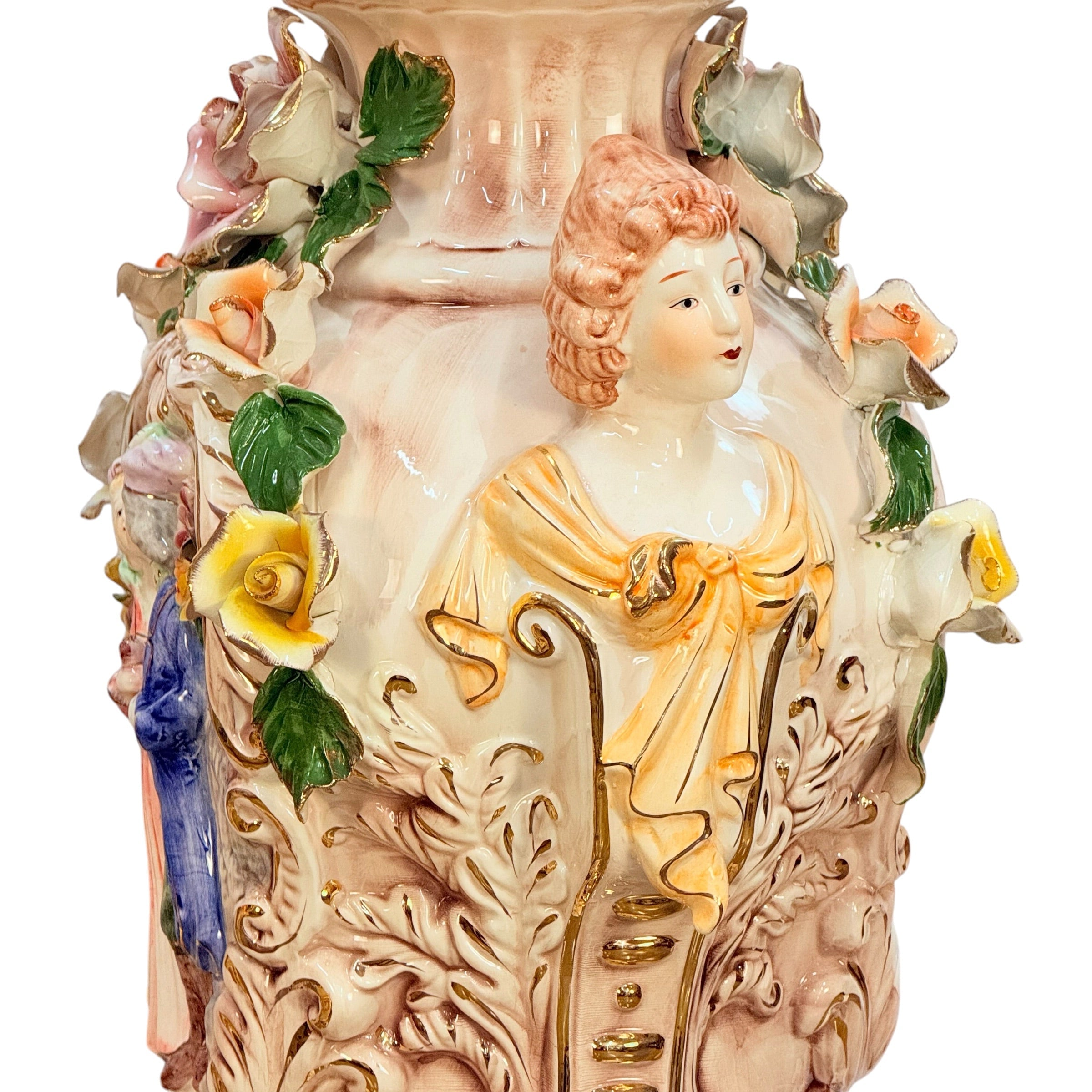 Pair Columbia Fine Porcelain 38” Figural Urns with Lids | Rococo Porcelain Floor Vases | Applied Roses Courting Scene Urns
