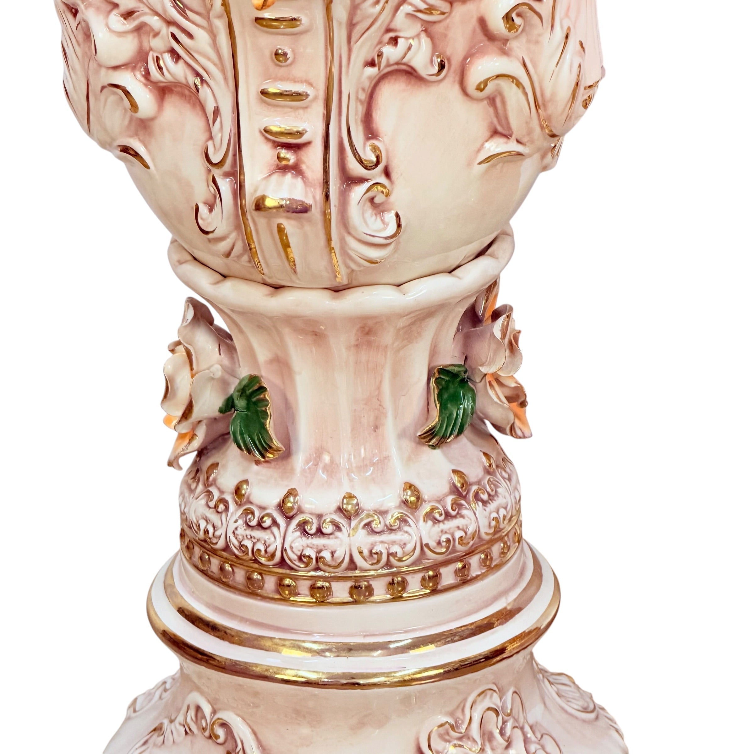 Pair Columbia Fine Porcelain 38” Figural Urns with Lids | Rococo Porcelain Floor Vases | Applied Roses Courting Scene Urns