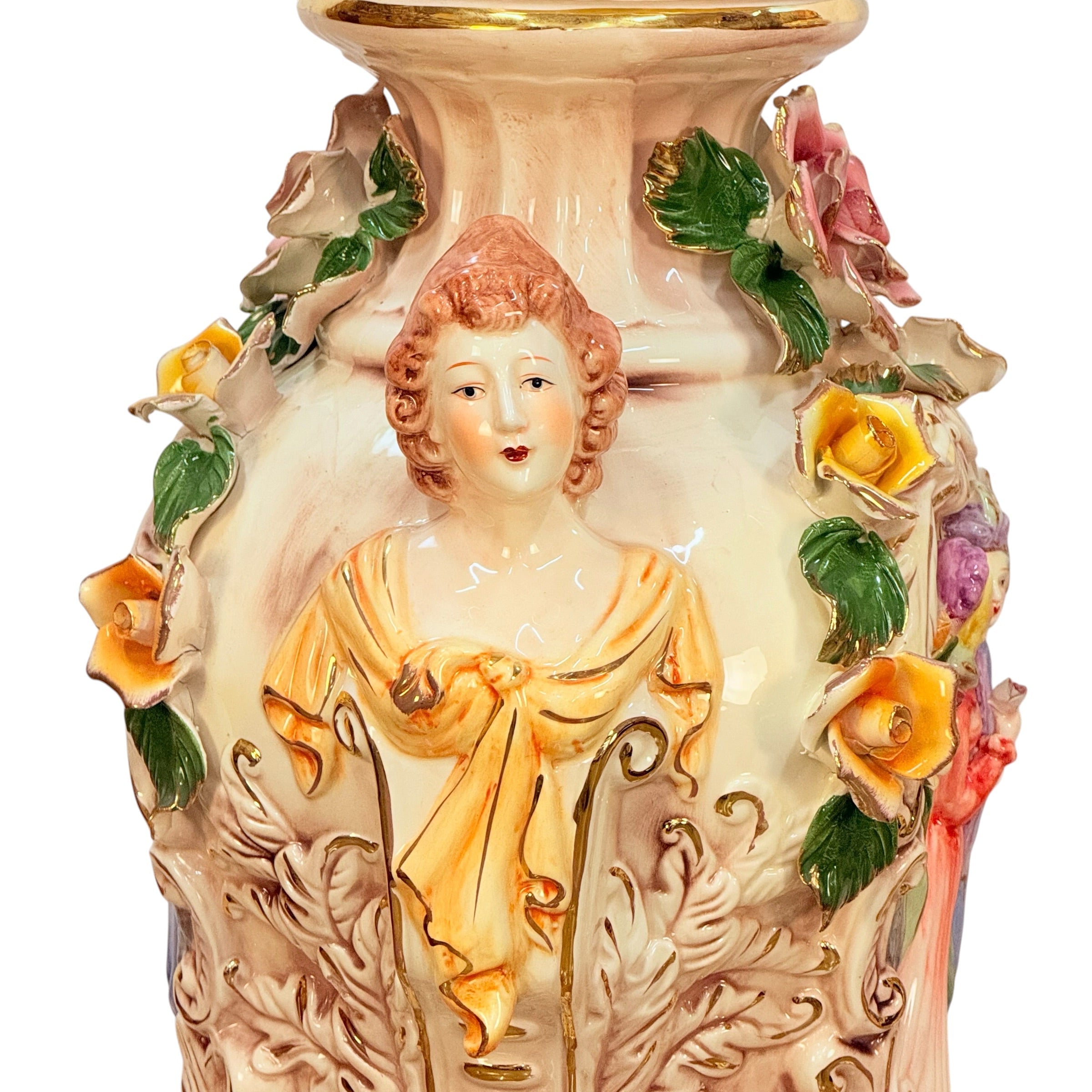 Pair Columbia Fine Porcelain 38” Figural Urns with Lids | Rococo Porcelain Floor Vases | Applied Roses Courting Scene Urns