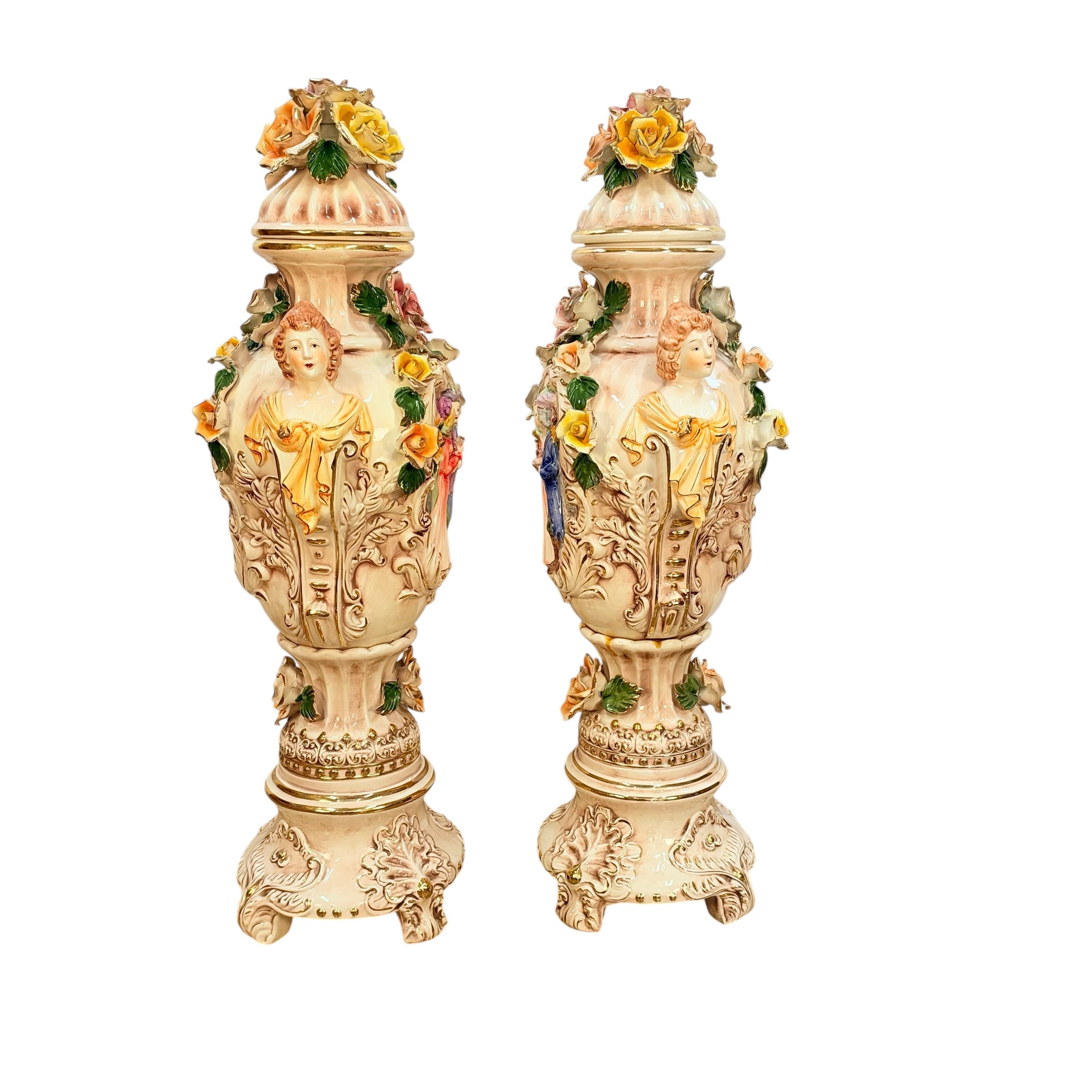 Pair Columbia Fine Porcelain 38” Figural Urns with Lids | Rococo Porcelain Floor Vases | Applied Roses Courting Scene Urns