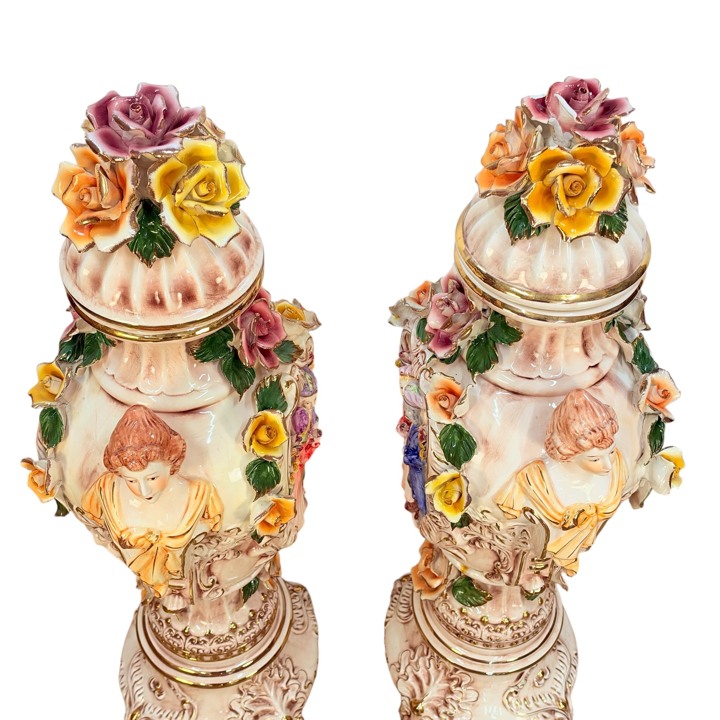 Pair Columbia Fine Porcelain 38” Figural Urns with Lids | Rococo Porcelain Floor Vases | Applied Roses Courting Scene Urns