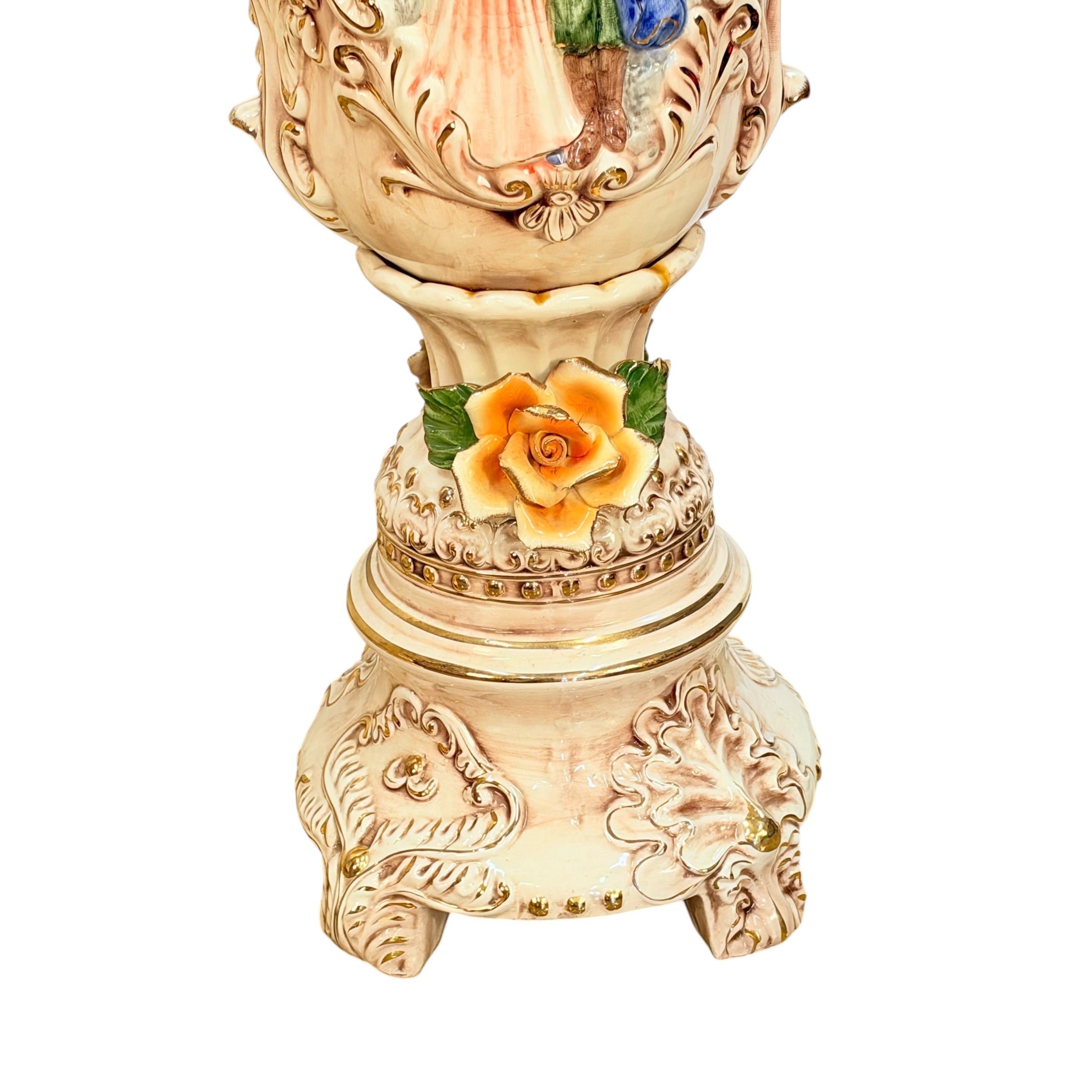 Pair Columbia Fine Porcelain 38” Figural Urns with Lids | Rococo Porcelain Floor Vases | Applied Roses Courting Scene Urns