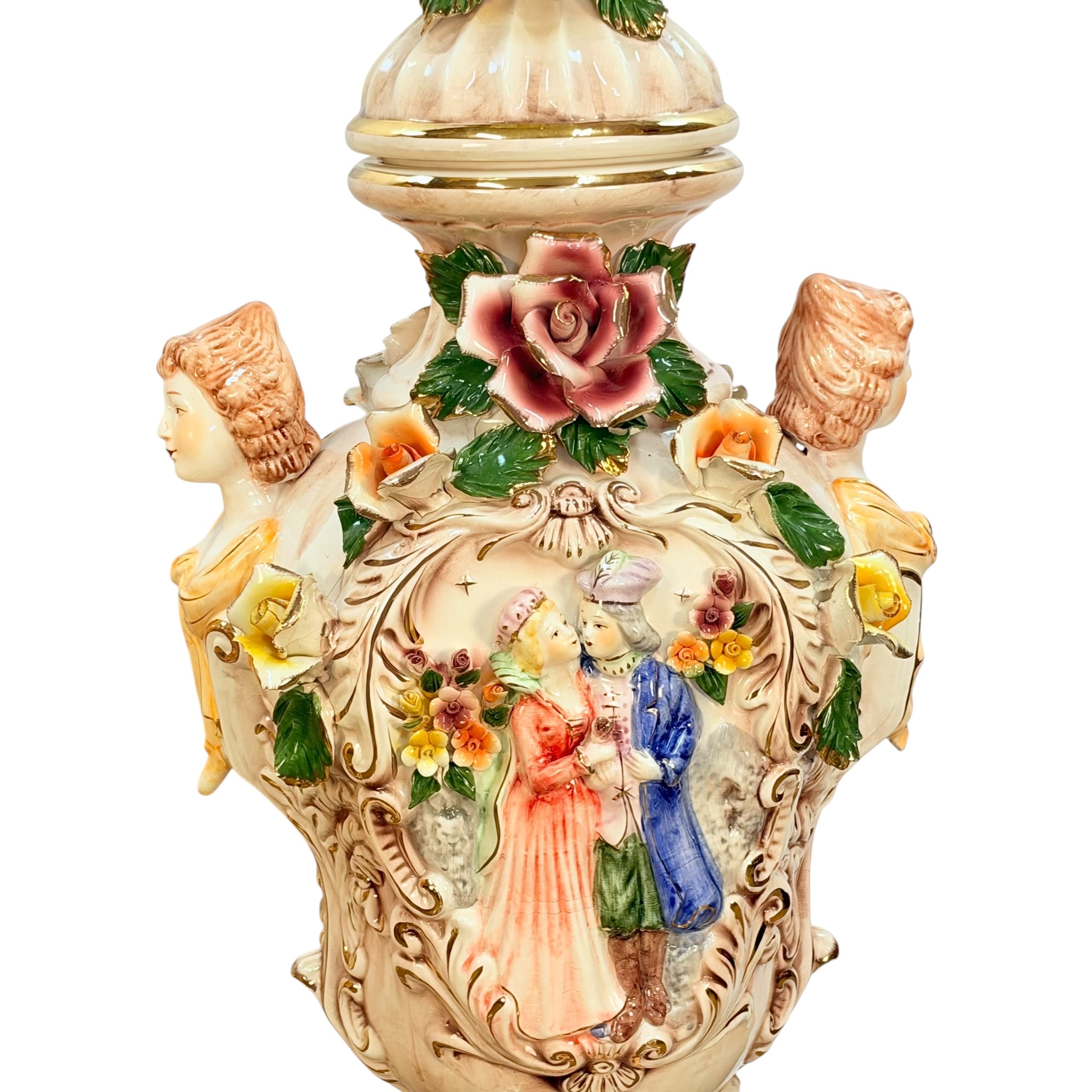 Pair Columbia Fine Porcelain 38” Figural Urns with Lids | Rococo Porcelain Floor Vases | Applied Roses Courting Scene Urns