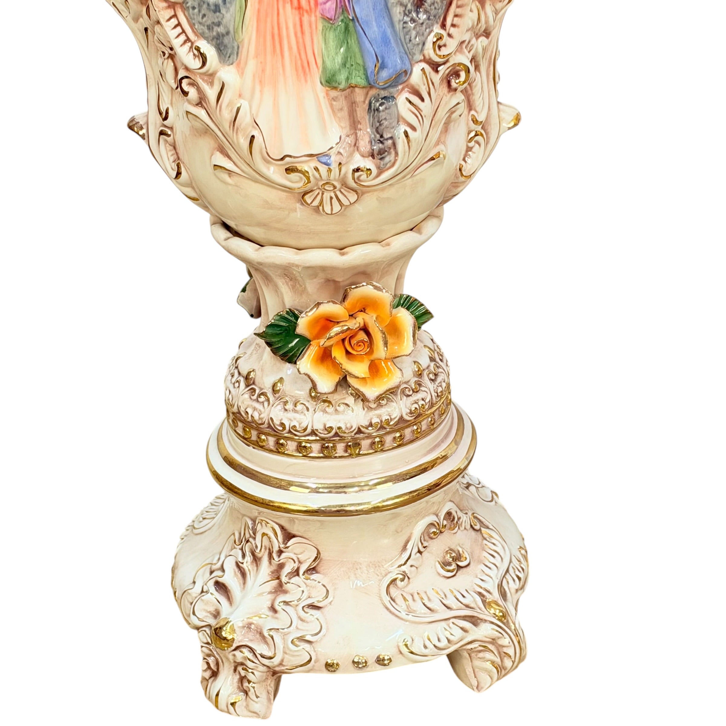 Pair Columbia Fine Porcelain 38” Figural Urns with Lids | Rococo Porcelain Floor Vases | Applied Roses Courting Scene Urns