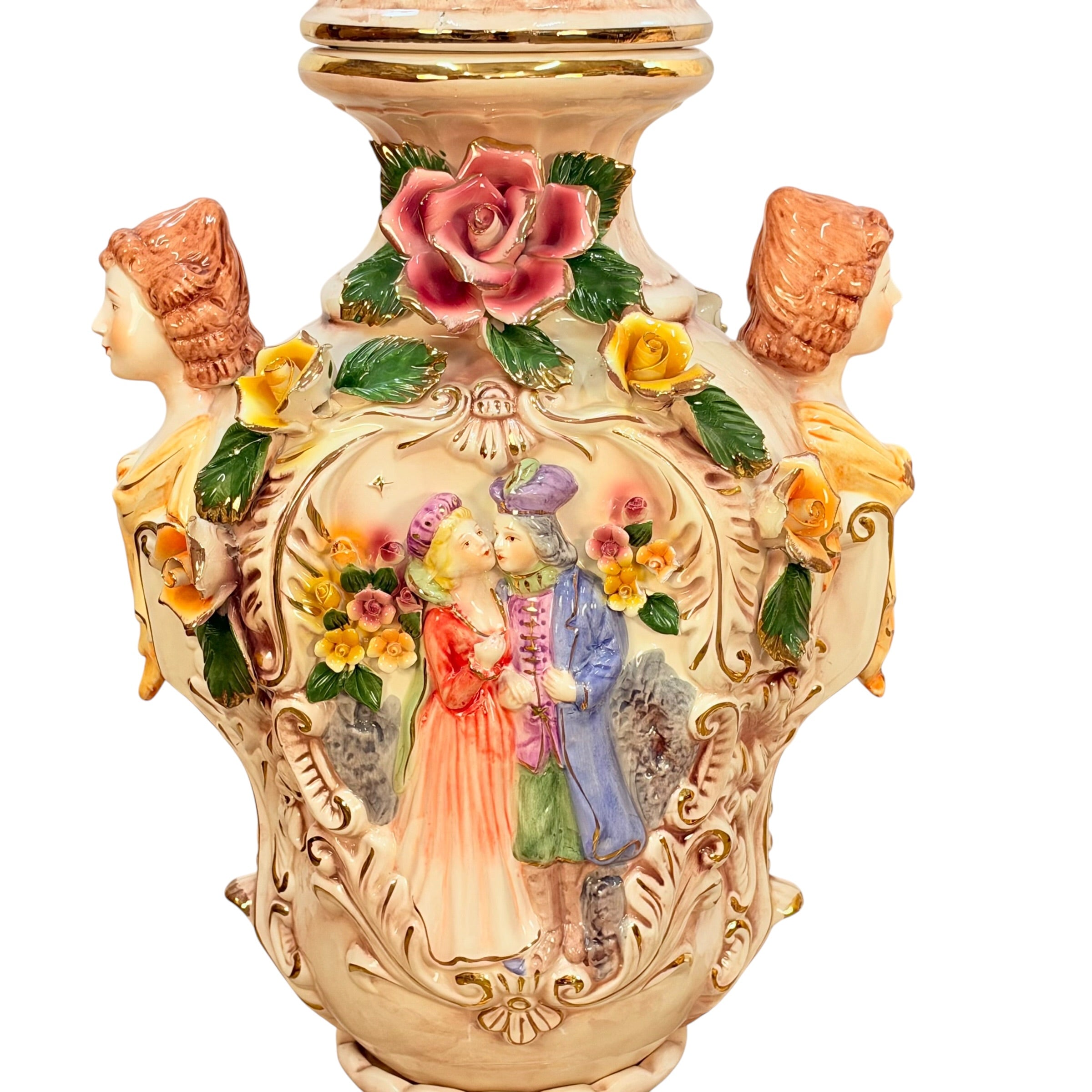 Pair Columbia Fine Porcelain 38” Figural Urns with Lids | Rococo Porcelain Floor Vases | Applied Roses Courting Scene Urns