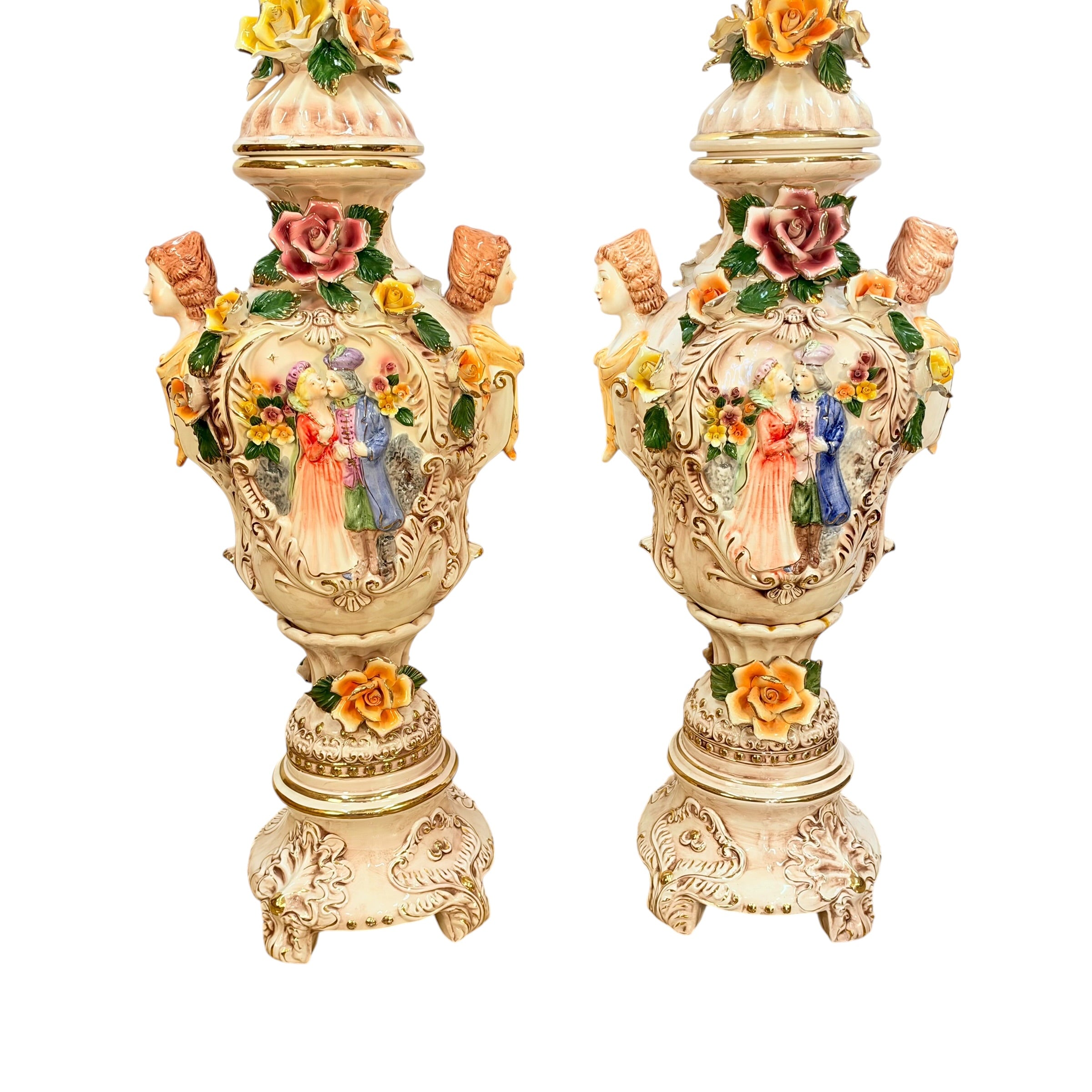 Pair Columbia Fine Porcelain 38” Figural Urns with Lids | Rococo Porcelain Floor Vases | Applied Roses Courting Scene Urns