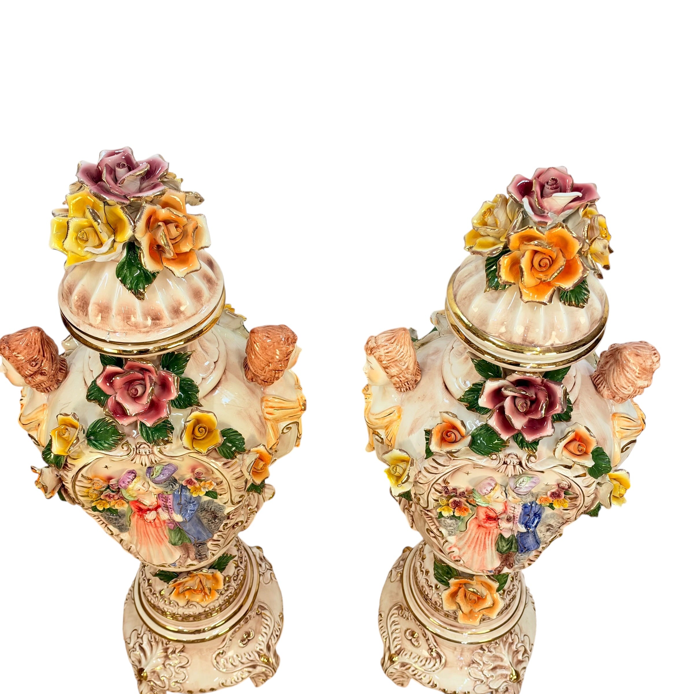 Pair Columbia Fine Porcelain 38” Figural Urns with Lids | Rococo Porcelain Floor Vases | Applied Roses Courting Scene Urns