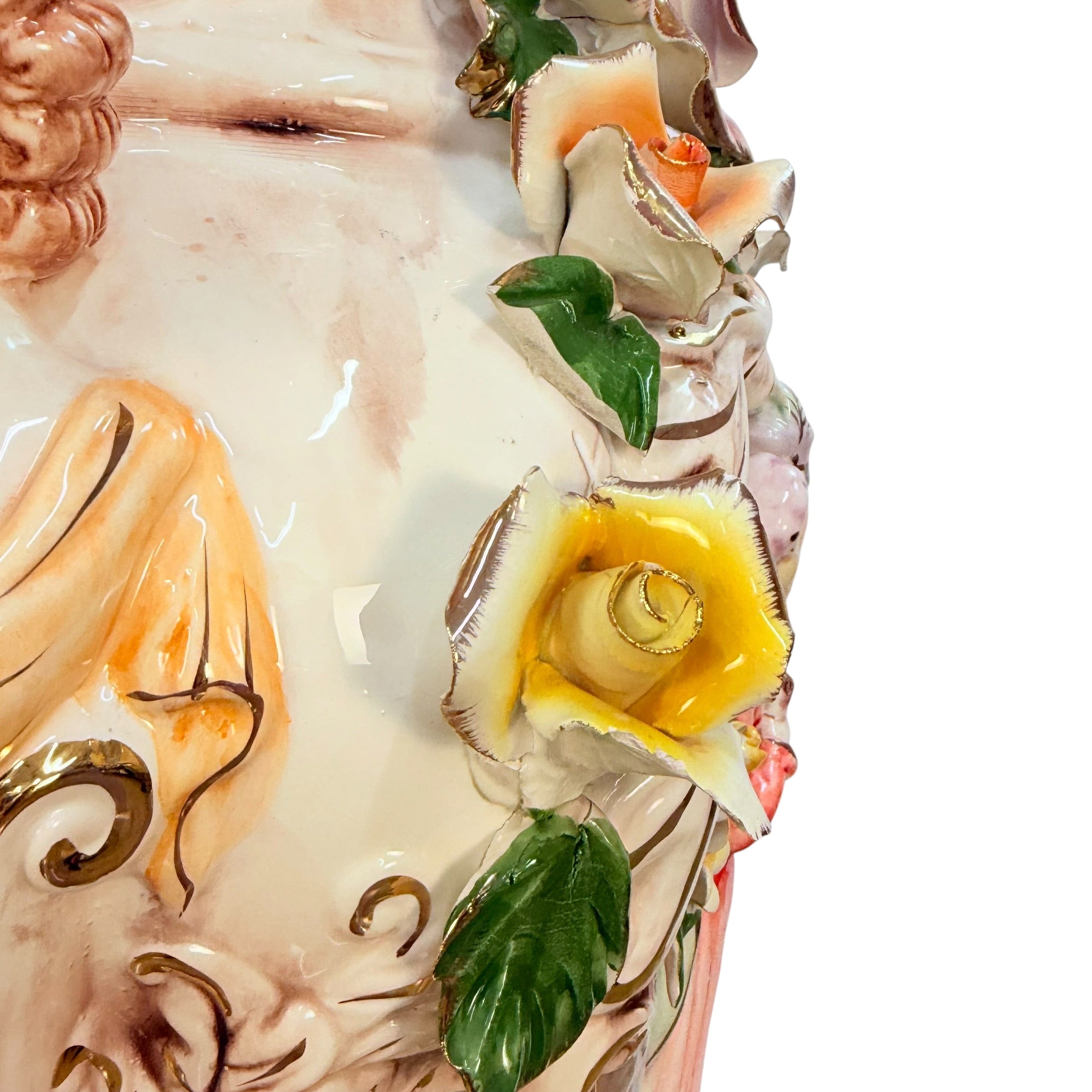 Pair Columbia Fine Porcelain 38” Figural Urns with Lids | Rococo Porcelain Floor Vases | Applied Roses Courting Scene Urns