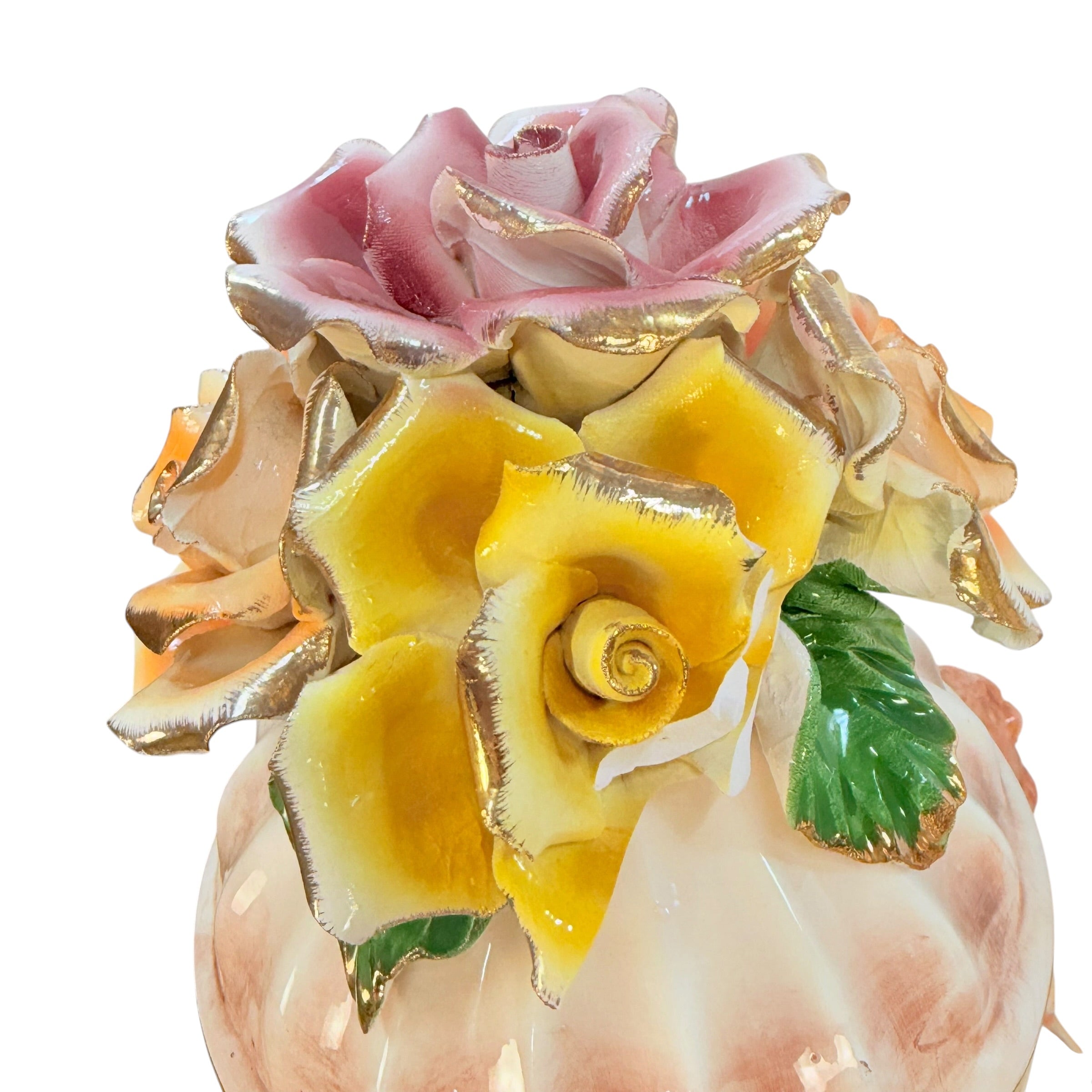 Pair Columbia Fine Porcelain 38” Figural Urns with Lids | Rococo Porcelain Floor Vases | Applied Roses Courting Scene Urns