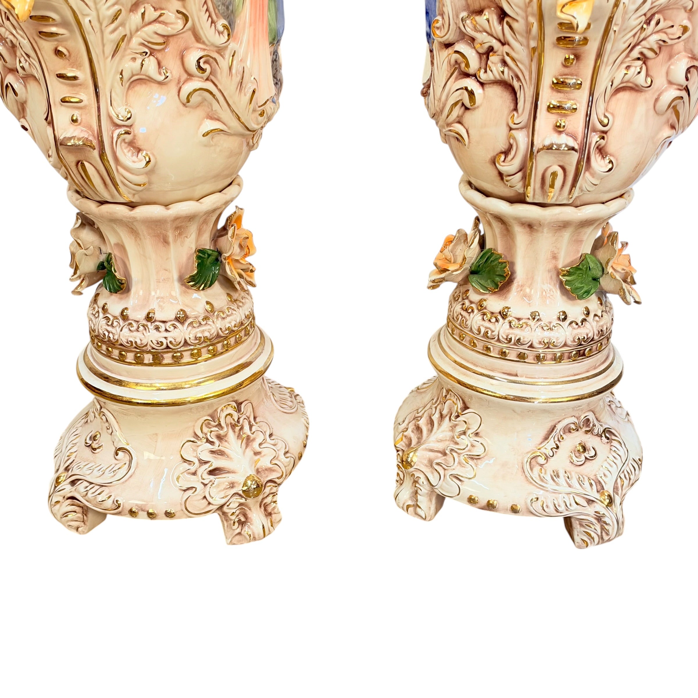 Pair Columbia Fine Porcelain 38” Figural Urns with Lids | Rococo Porcelain Floor Vases | Applied Roses Courting Scene Urns