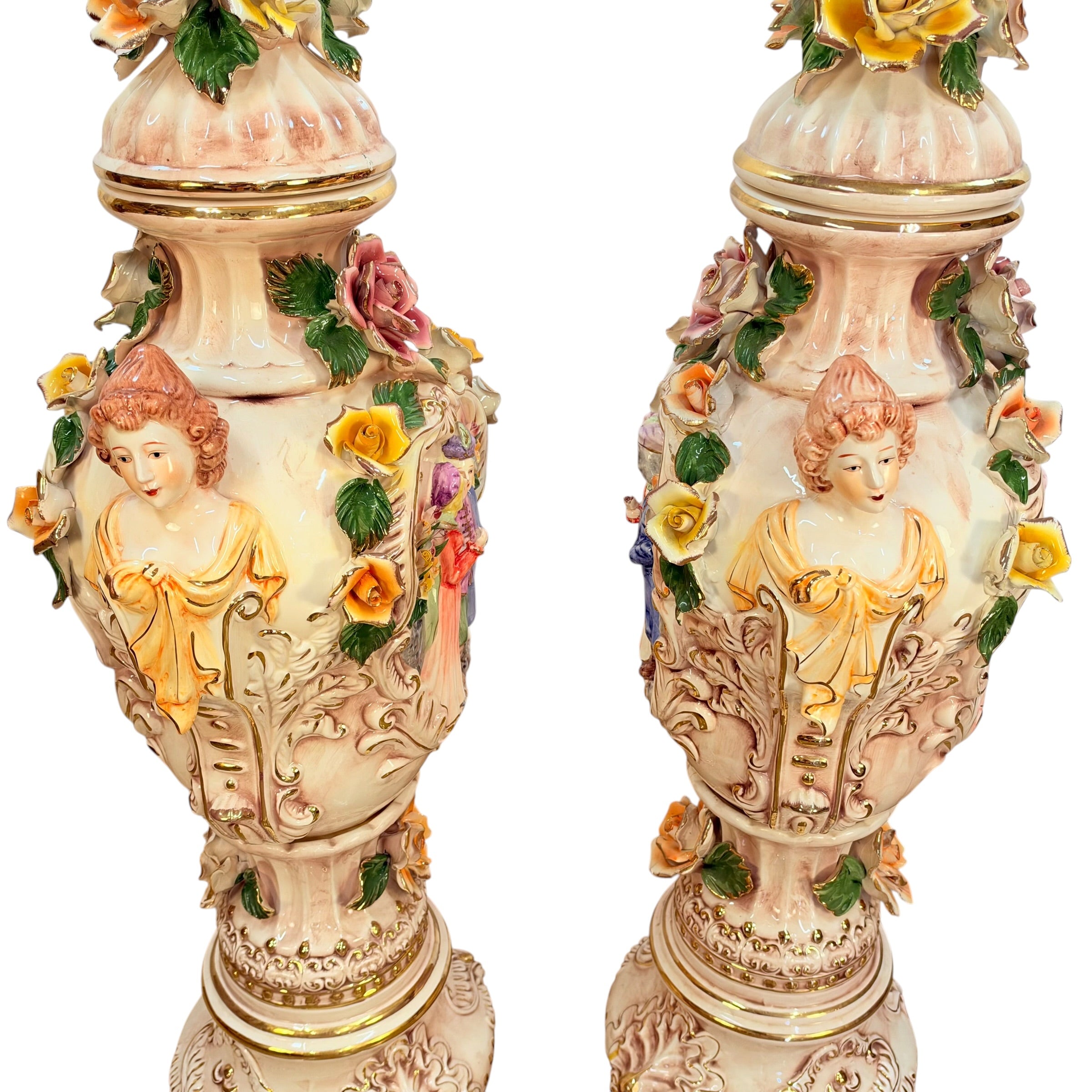 Pair Columbia Fine Porcelain 38” Figural Urns with Lids | Rococo Porcelain Floor Vases | Applied Roses Courting Scene Urns