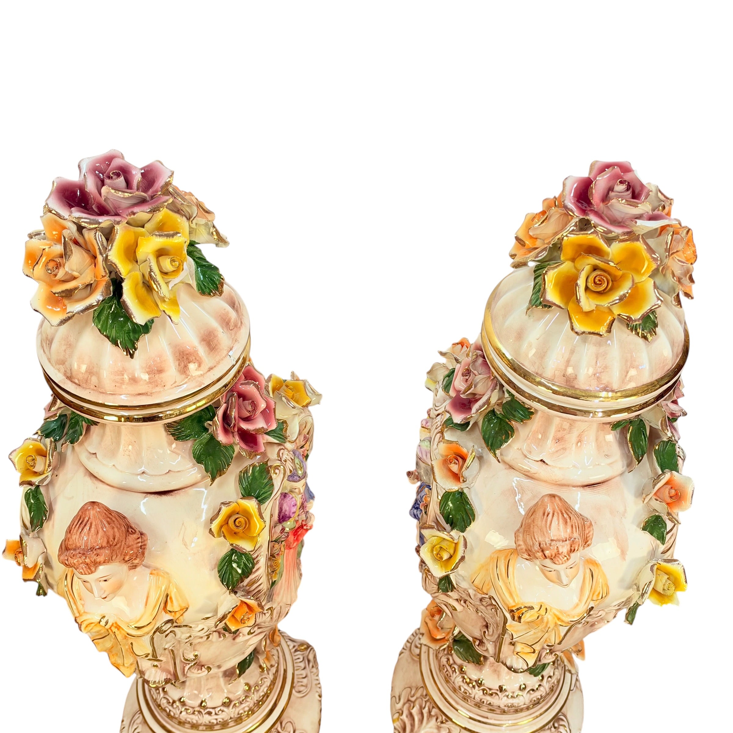 Pair Columbia Fine Porcelain 38” Figural Urns with Lids | Rococo Porcelain Floor Vases | Applied Roses Courting Scene Urns