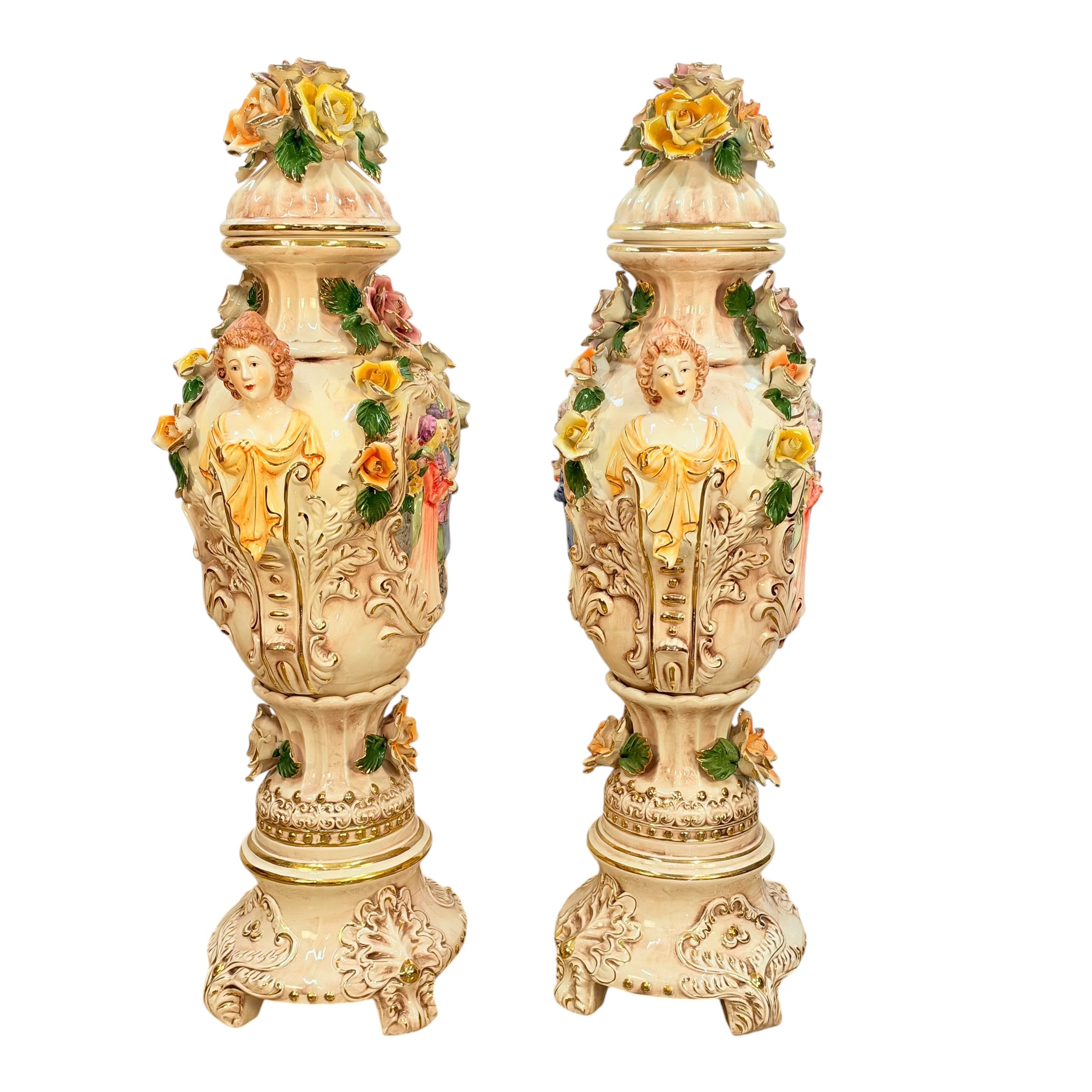 Pair Columbia Fine Porcelain 38” Figural Urns with Lids | Rococo Porcelain Floor Vases | Applied Roses Courting Scene Urns
